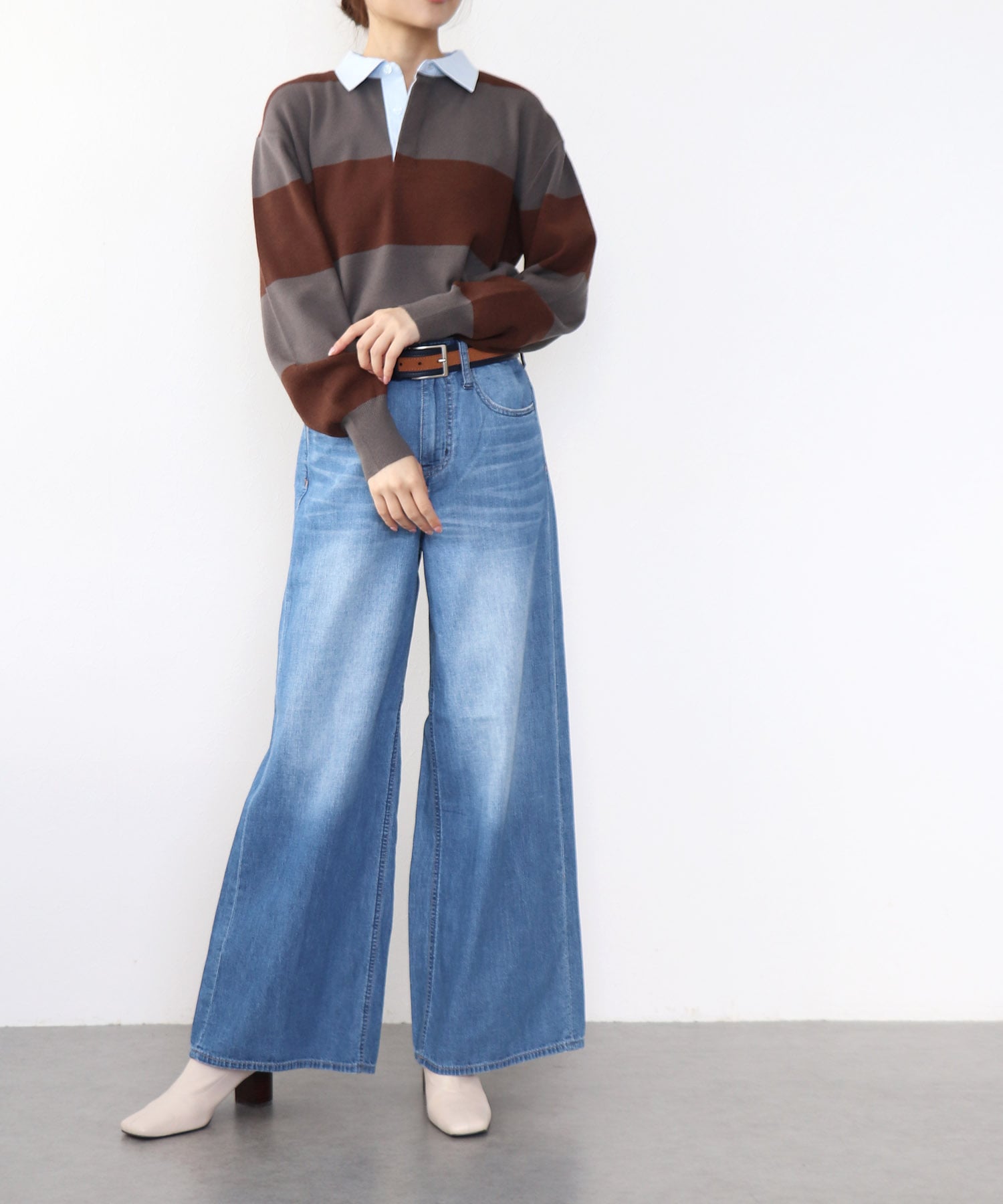 強撚ニットポロトップス