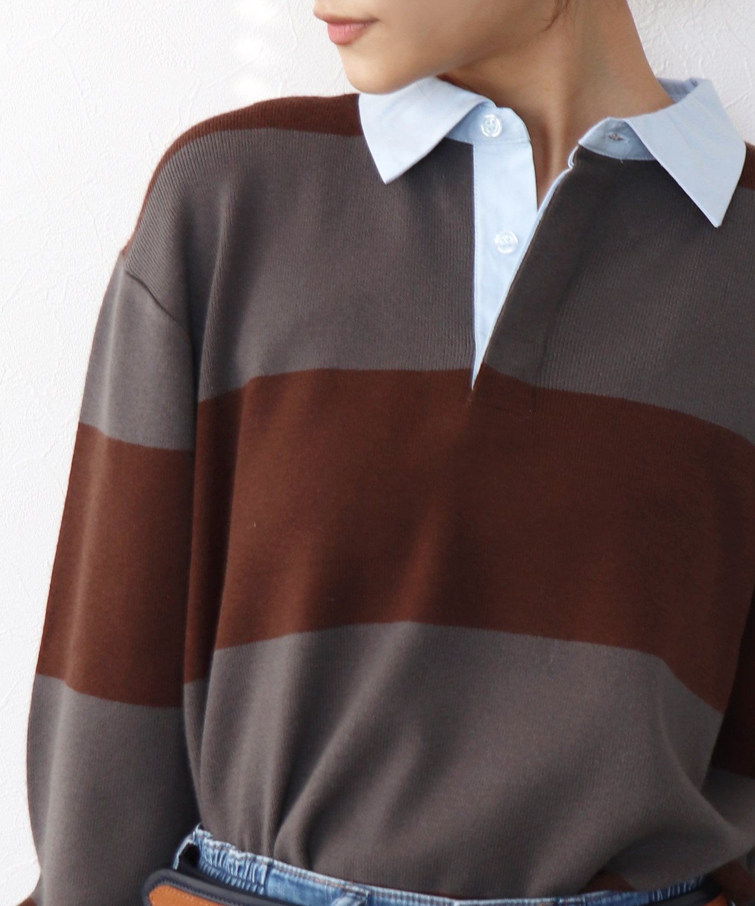 強撚ニットポロトップス