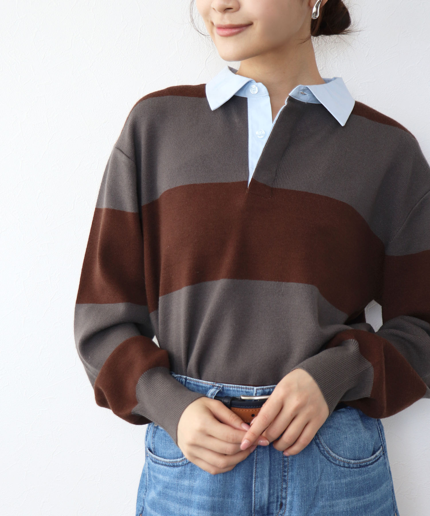 強撚ニットポロトップス