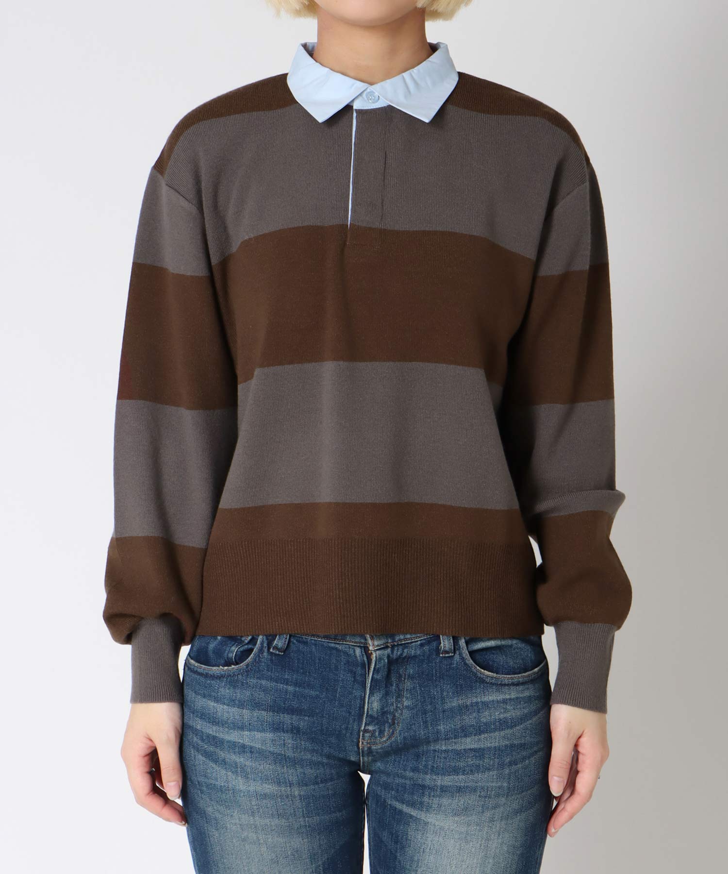 強撚ニットポロトップス