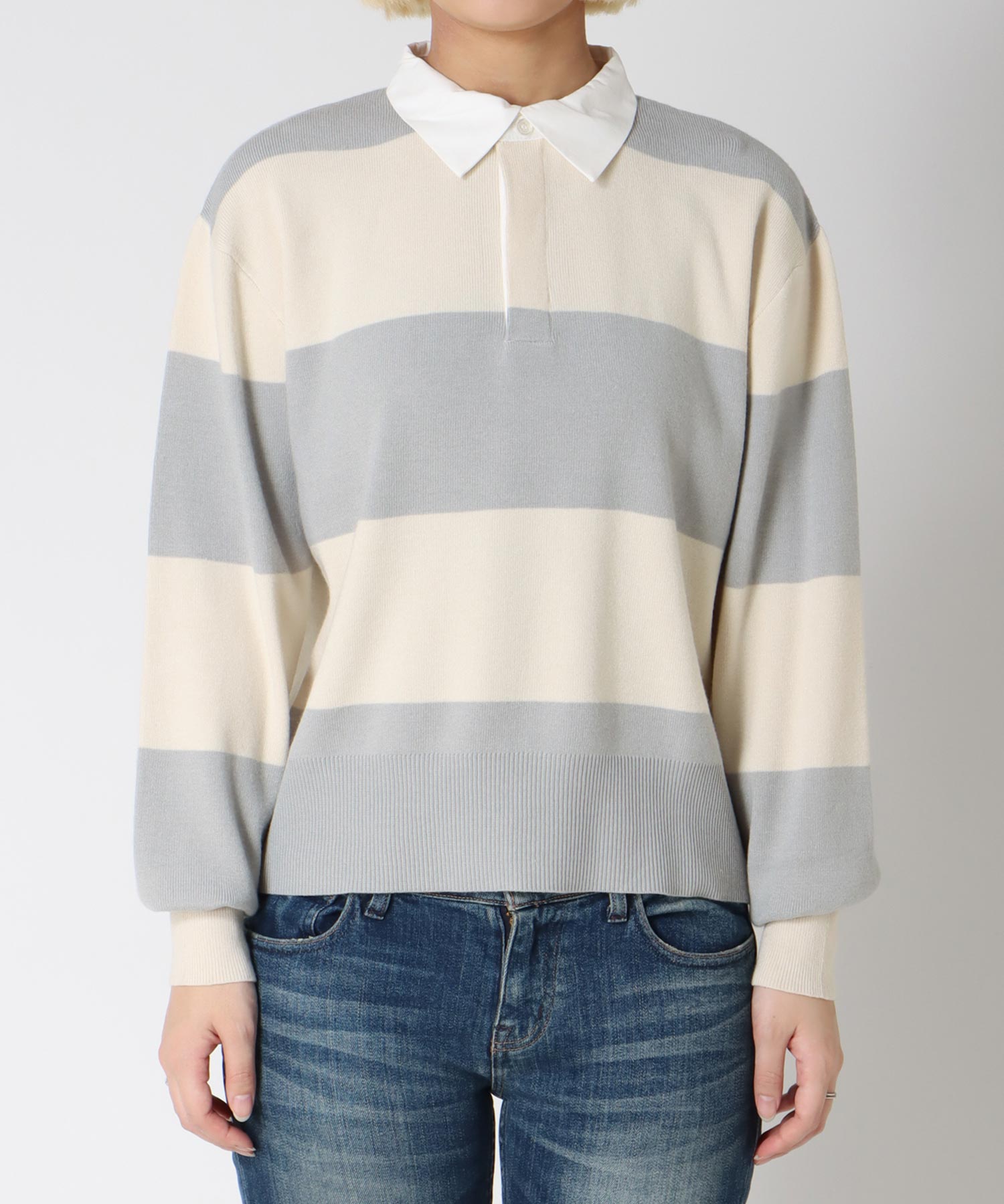 強撚ニットポロトップス