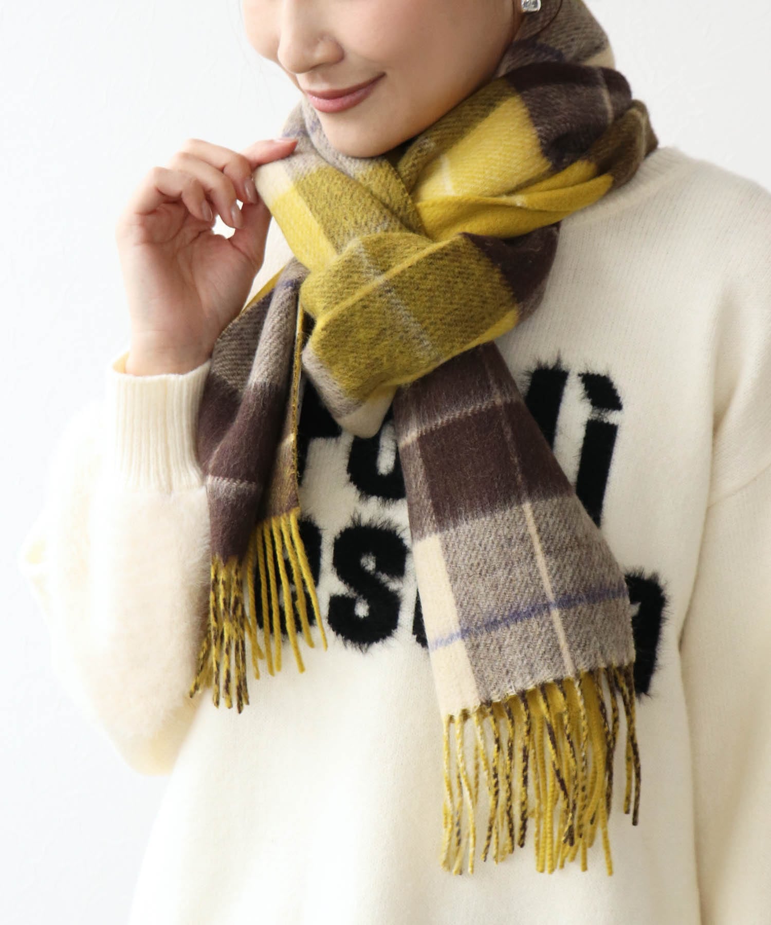 カシミヤ混 リバーチェックマフラー