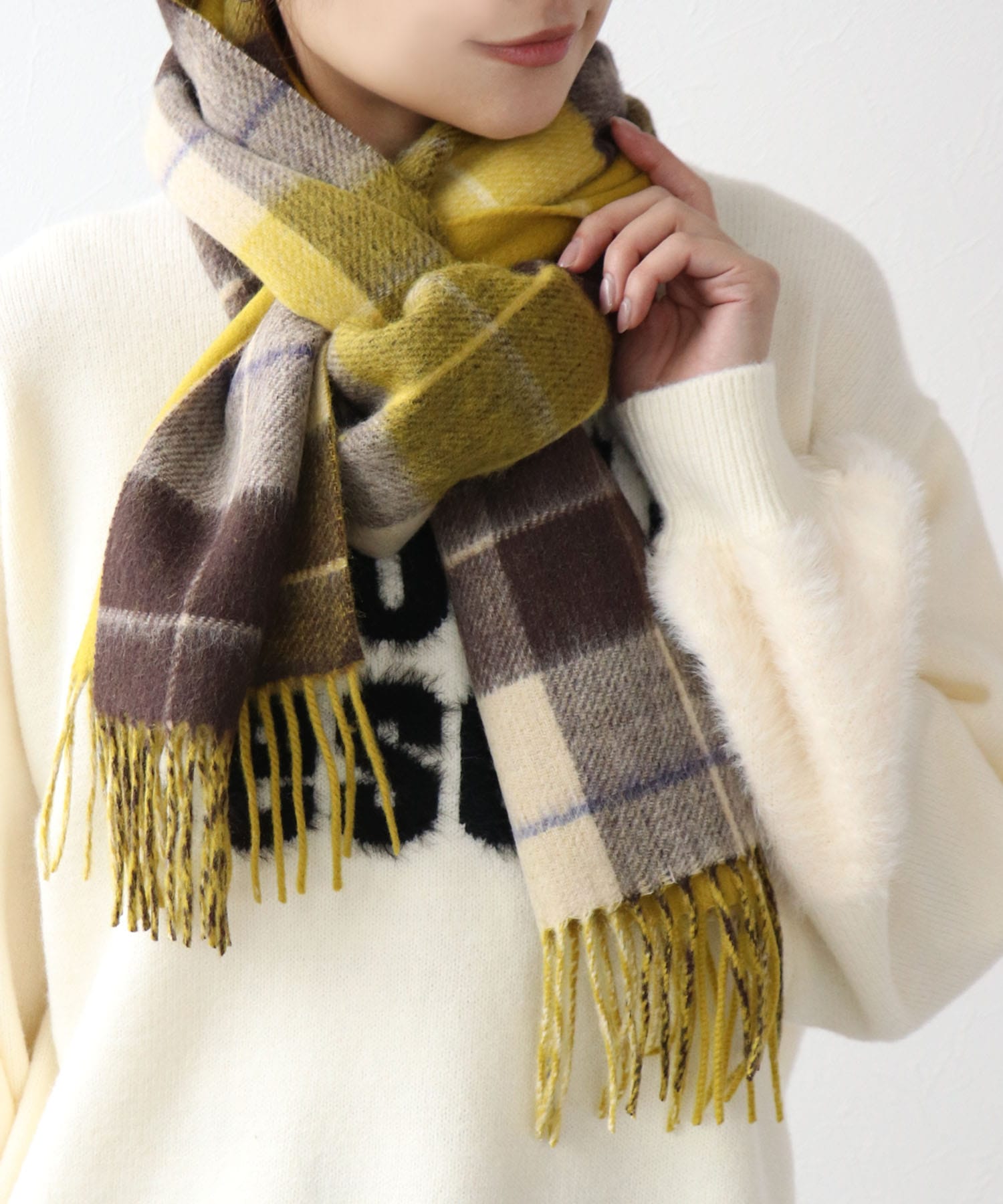 カシミヤ混 リバーチェックマフラー