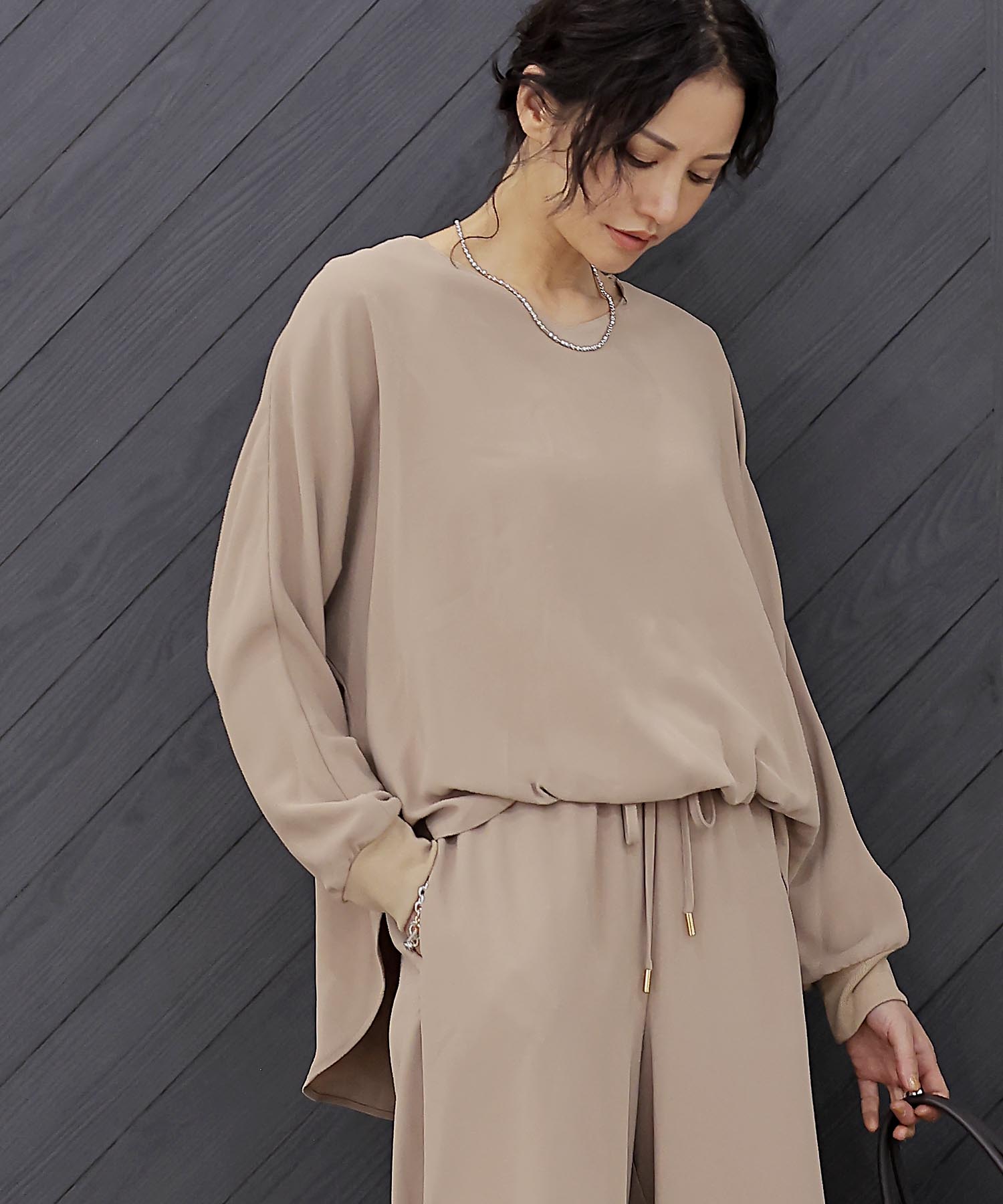 シフォンブラウジング袖リブブラウス