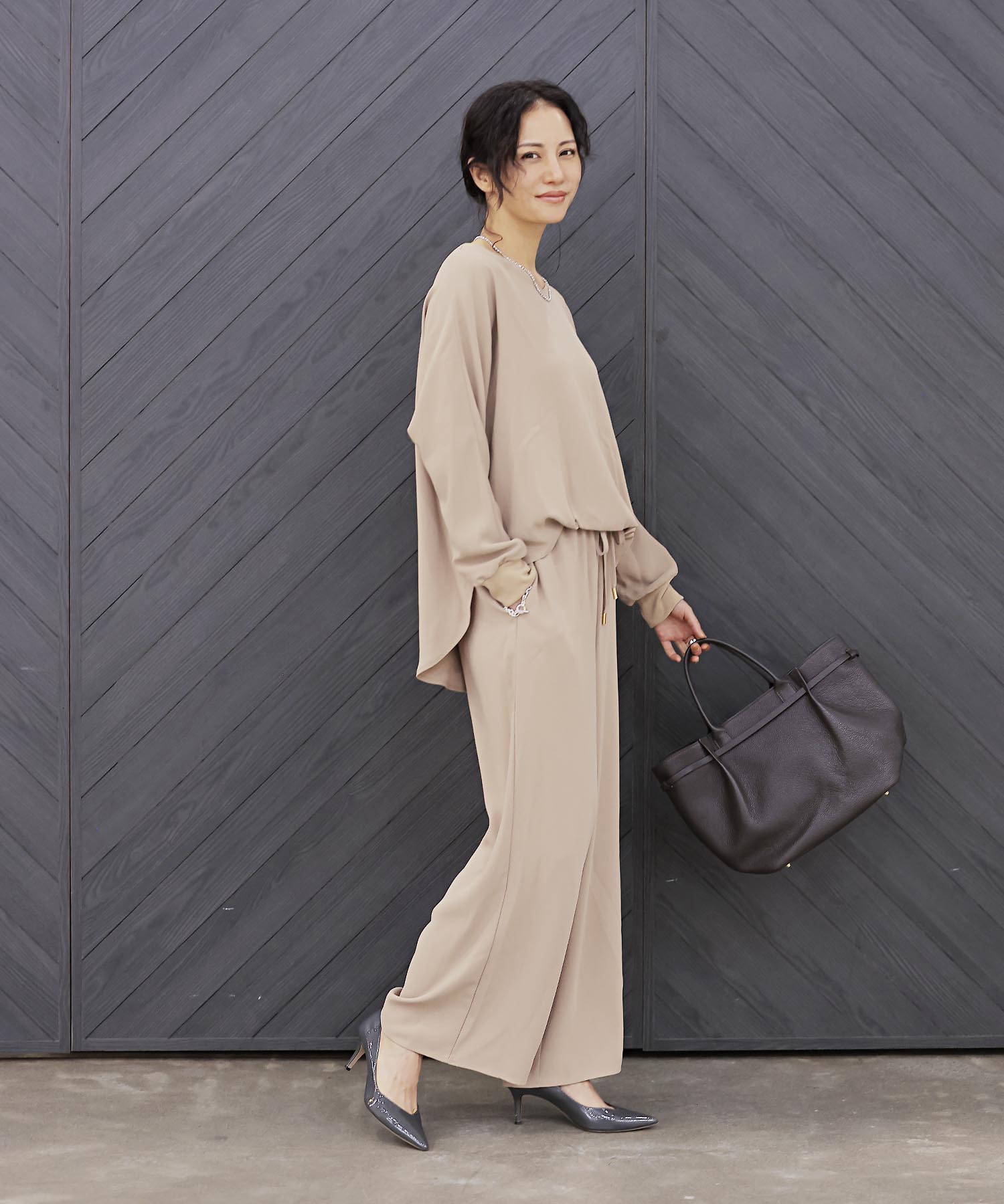 シフォンブラウジング袖リブブラウス