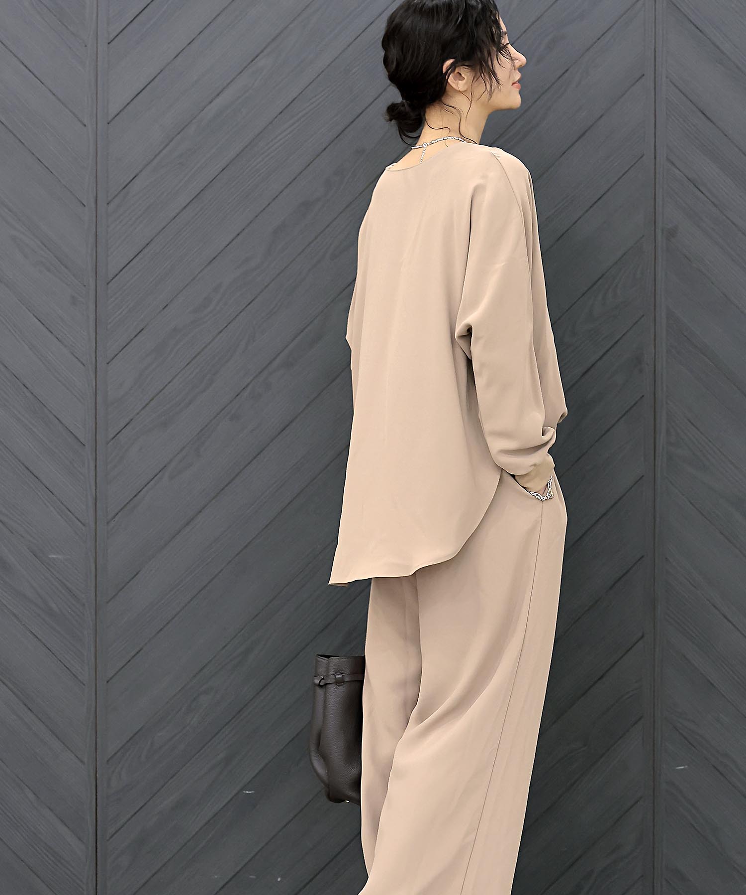シフォンブラウジング袖リブブラウス