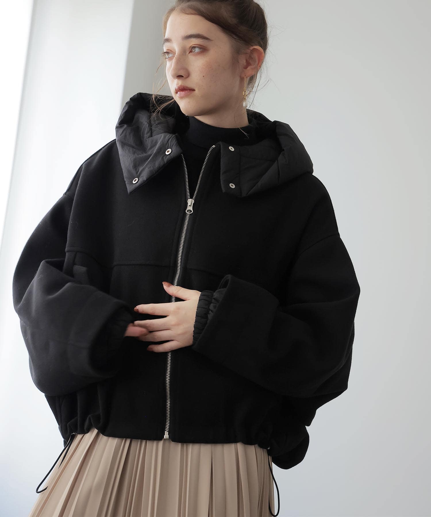 【10月16日予約販売】ポリエステルフラノⅹタフタ フード取り外し可ブルゾン