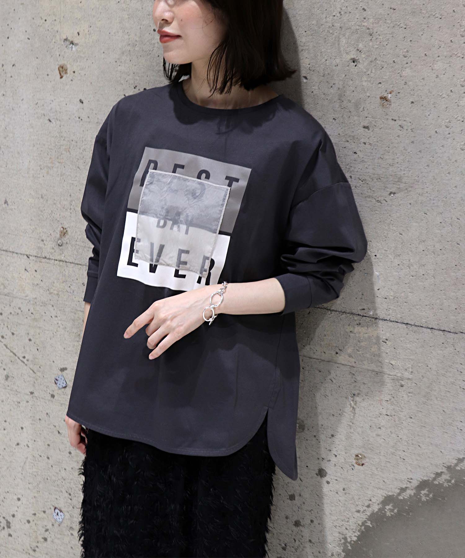 箔プリント×オーガンジー ロングTシャツ