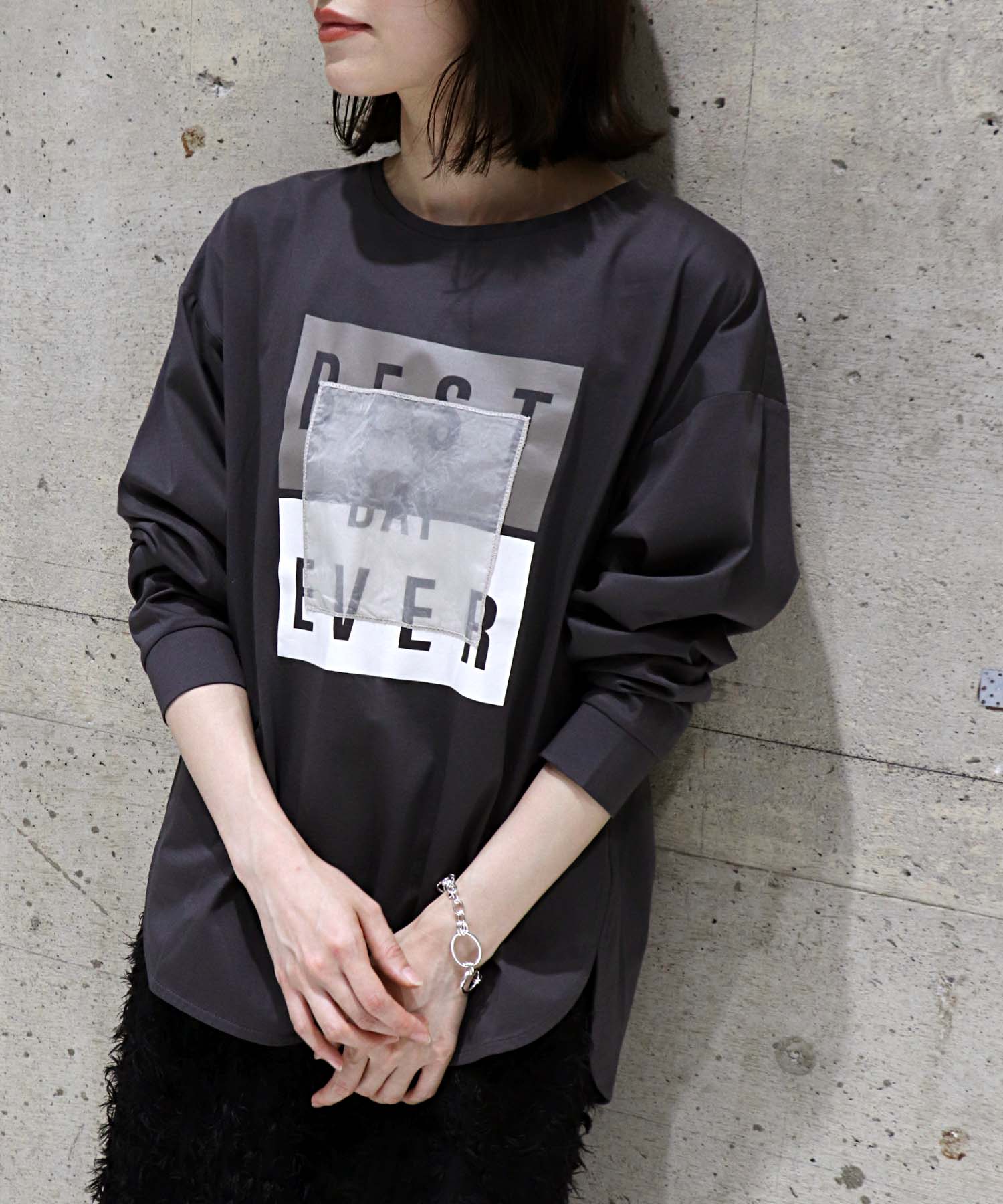 箔プリント×オーガンジー ロングTシャツ