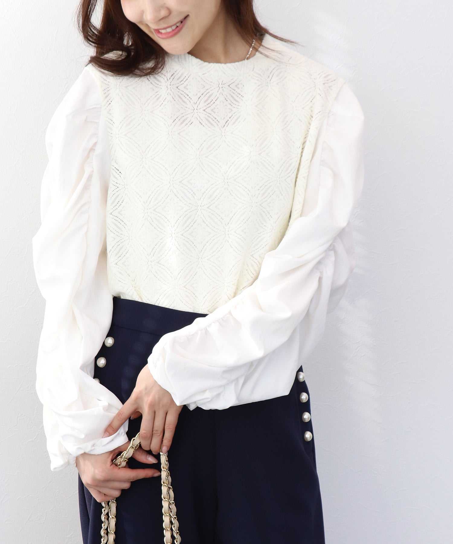 モールレースギャザーブラウス