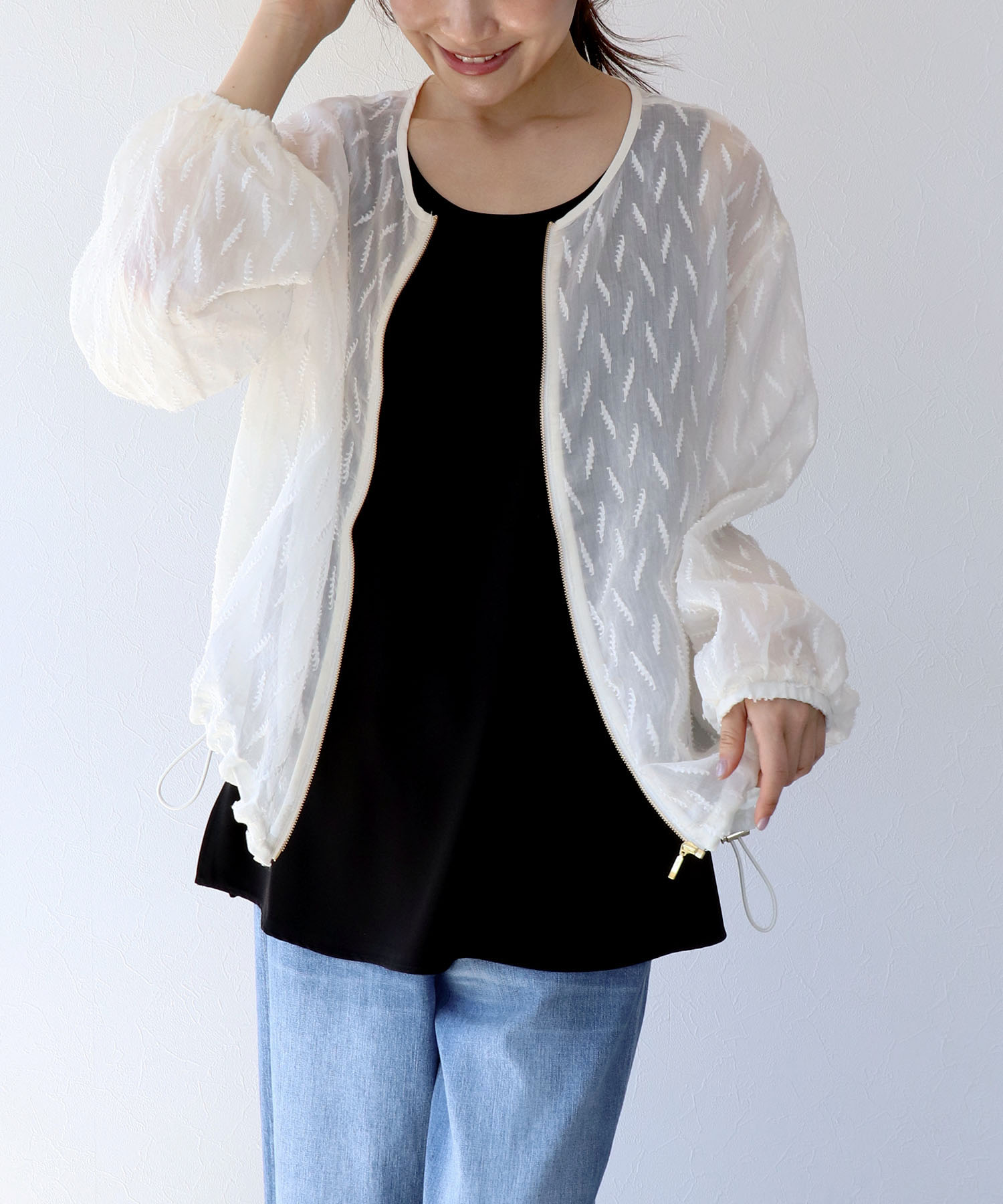 シアー幾何ジャガードブルゾン