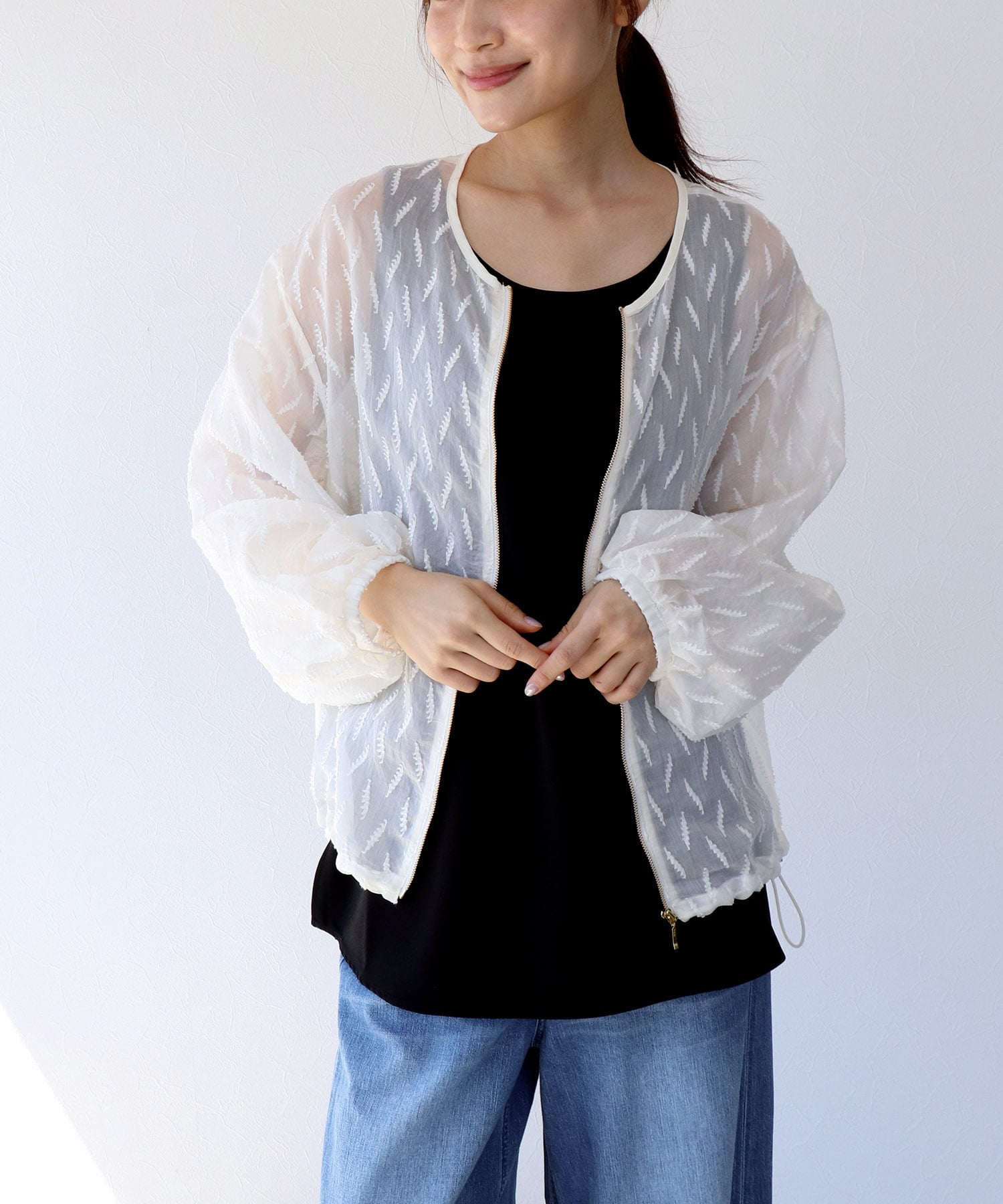 シアー幾何ジャガードブルゾン
