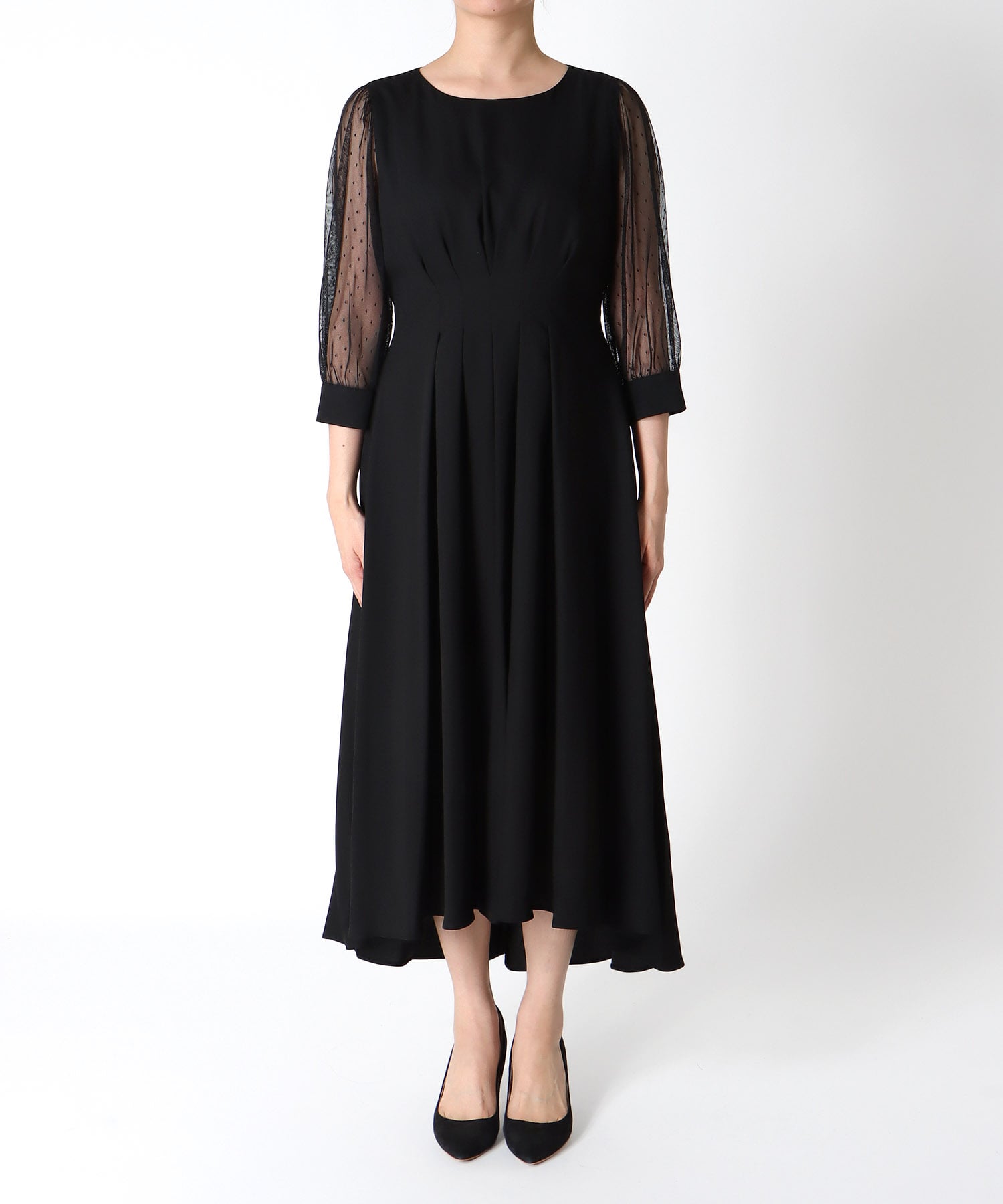 ウエストタック袖ドットチュールワンピース