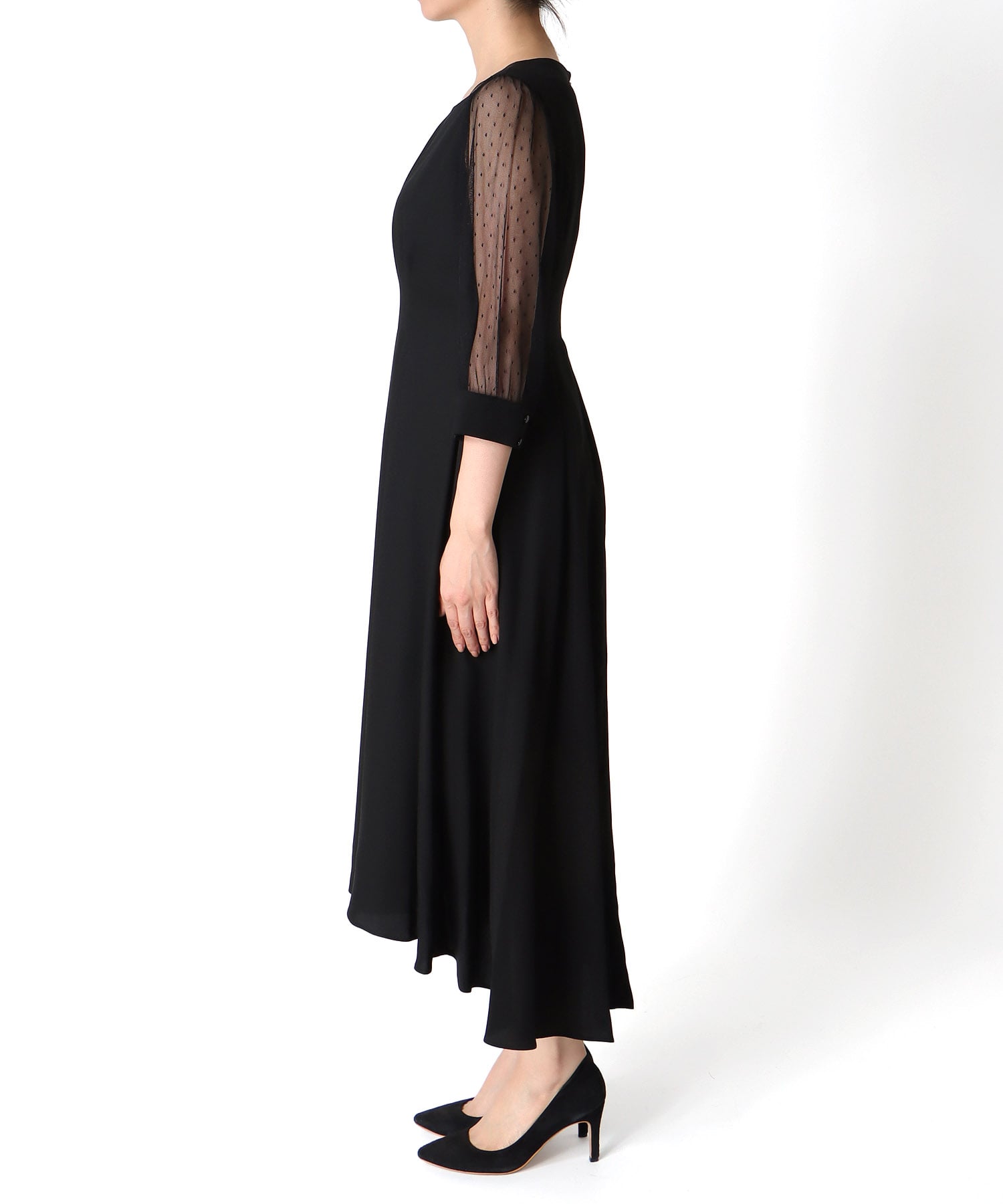 ウエストタック袖ドットチュールワンピース