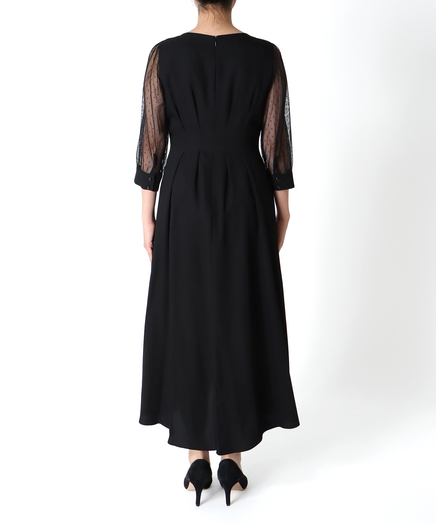 ウエストタック袖ドットチュールワンピース