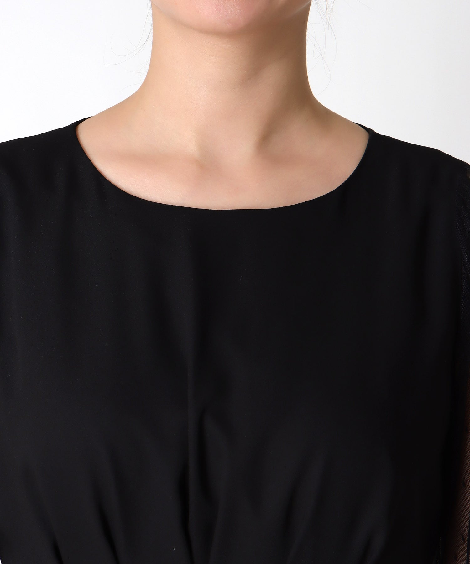 ウエストタック袖ドットチュールワンピース