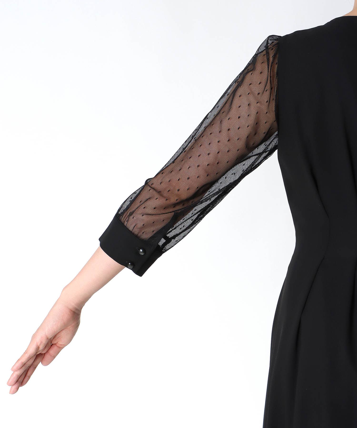 ウエストタック袖ドットチュールワンピース