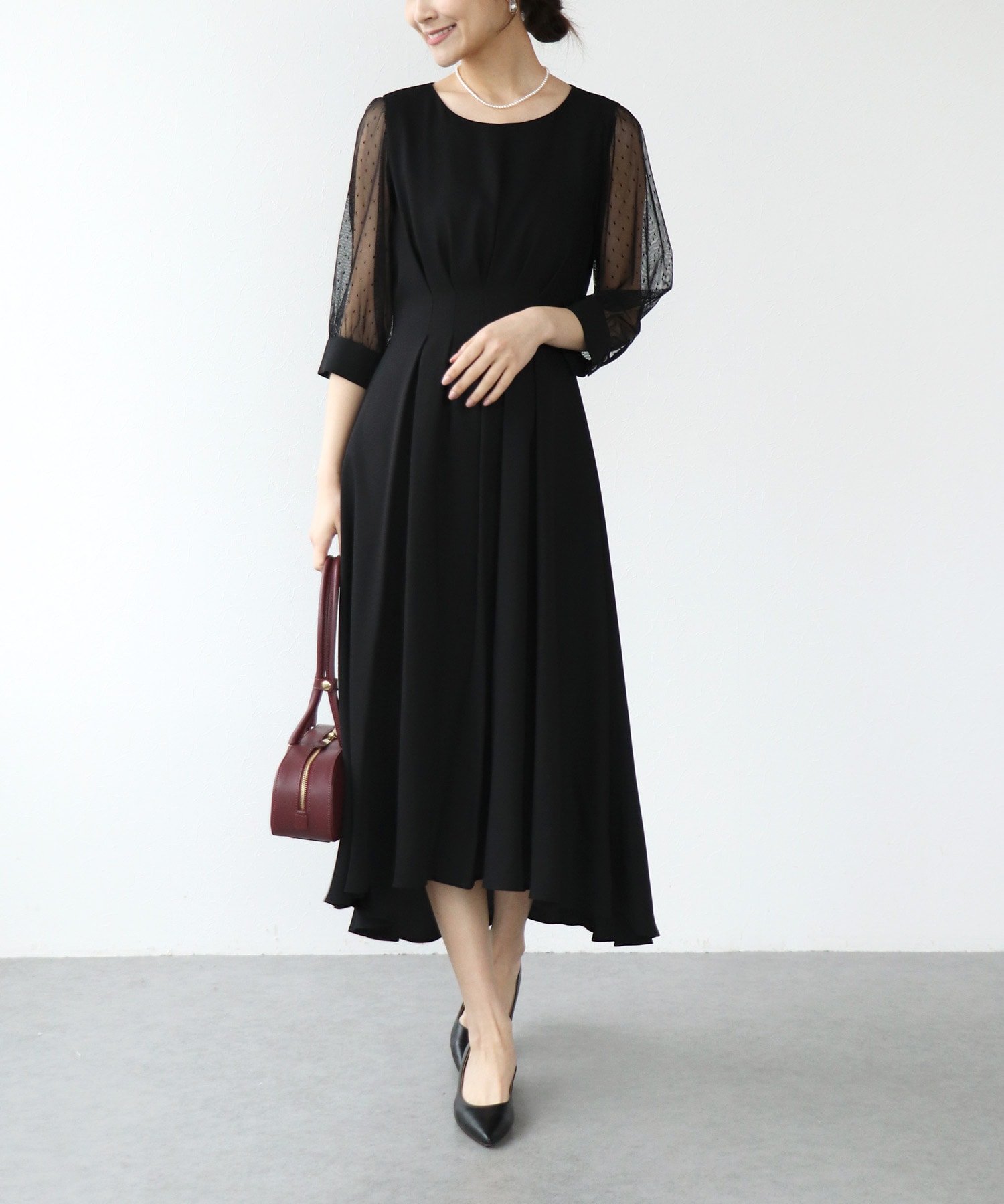 ウエストタック袖ドットチュールワンピース