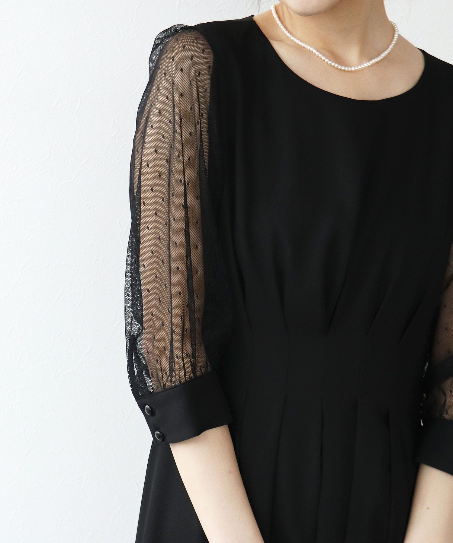 ウエストタック袖ドットチュールワンピース