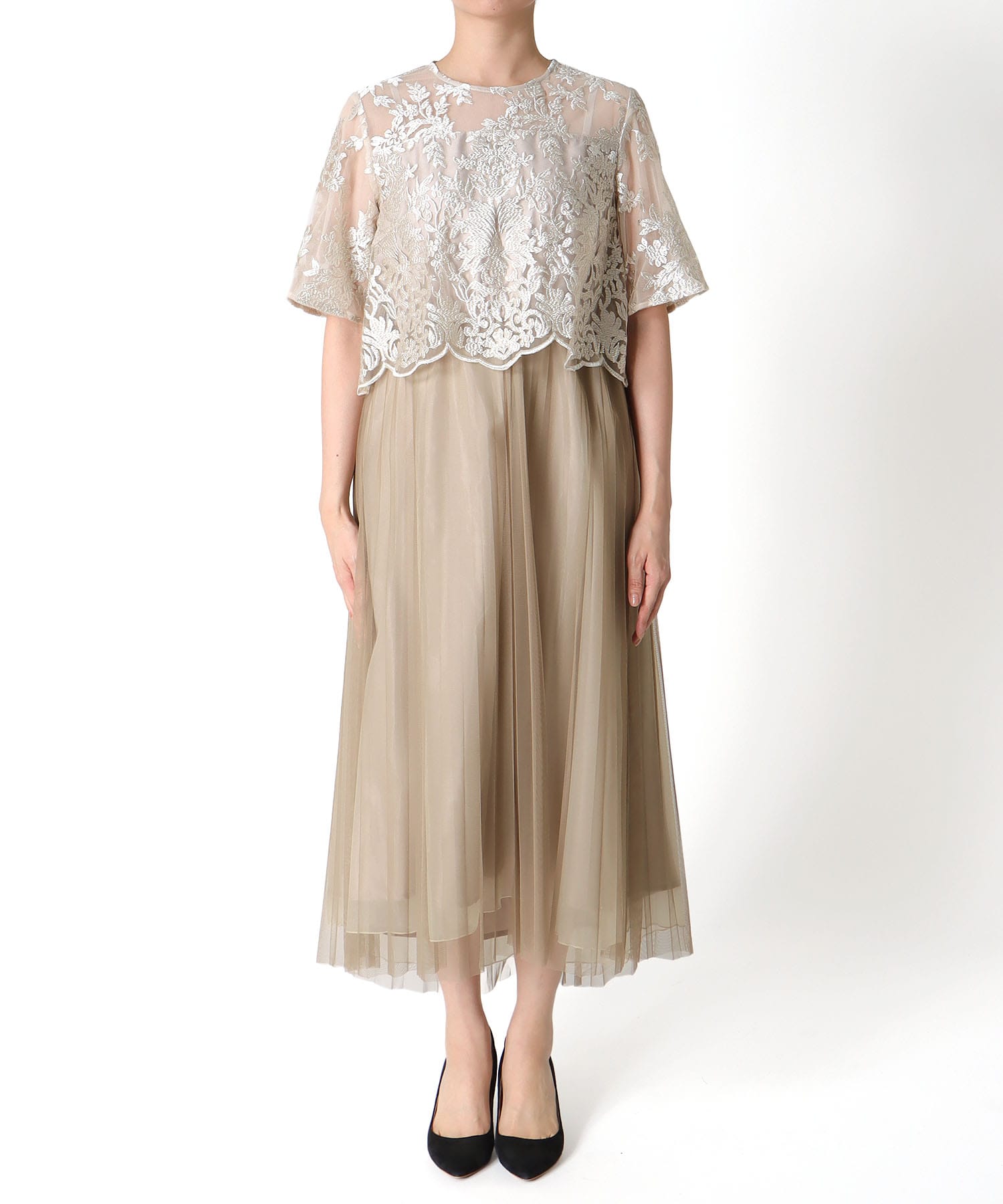 刺繍レース×チュールプリーツワンピース