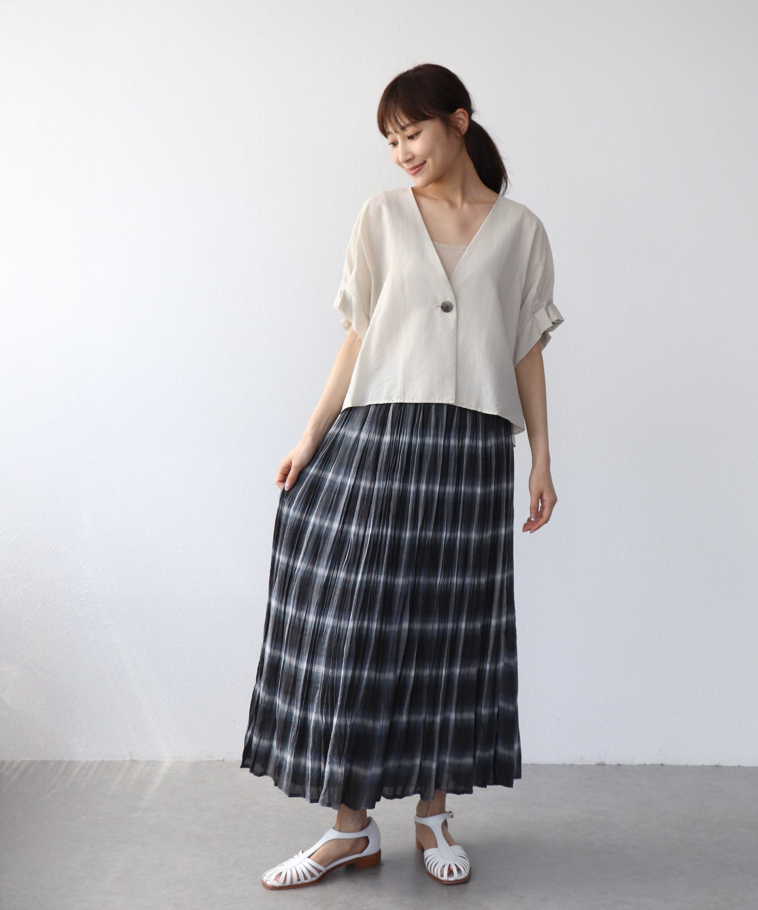 シアーオンブレチェックプリーツスカート