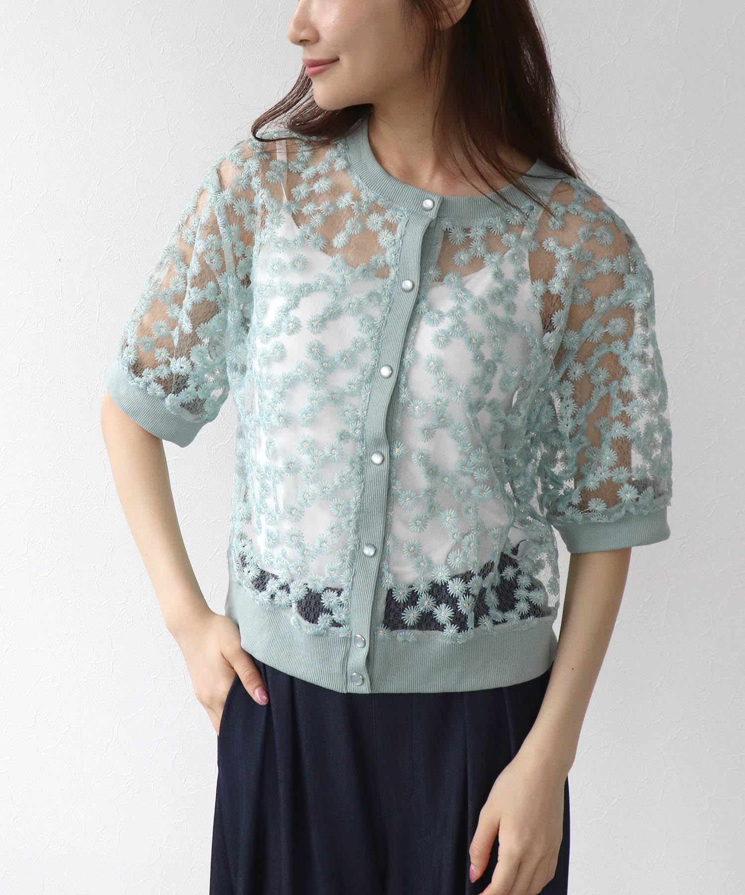 前後2WAYデイジー刺繍レースカーディガン