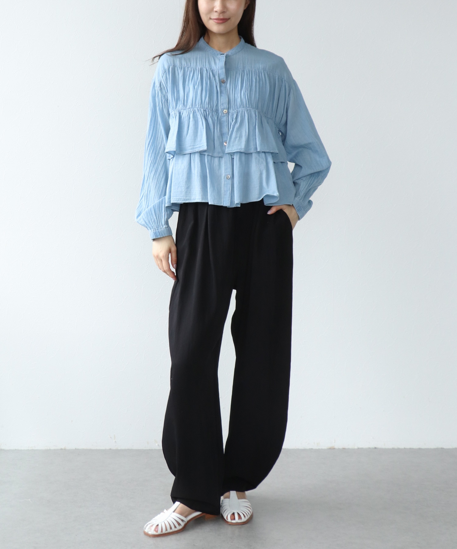 シアーデニムティアードブラウス