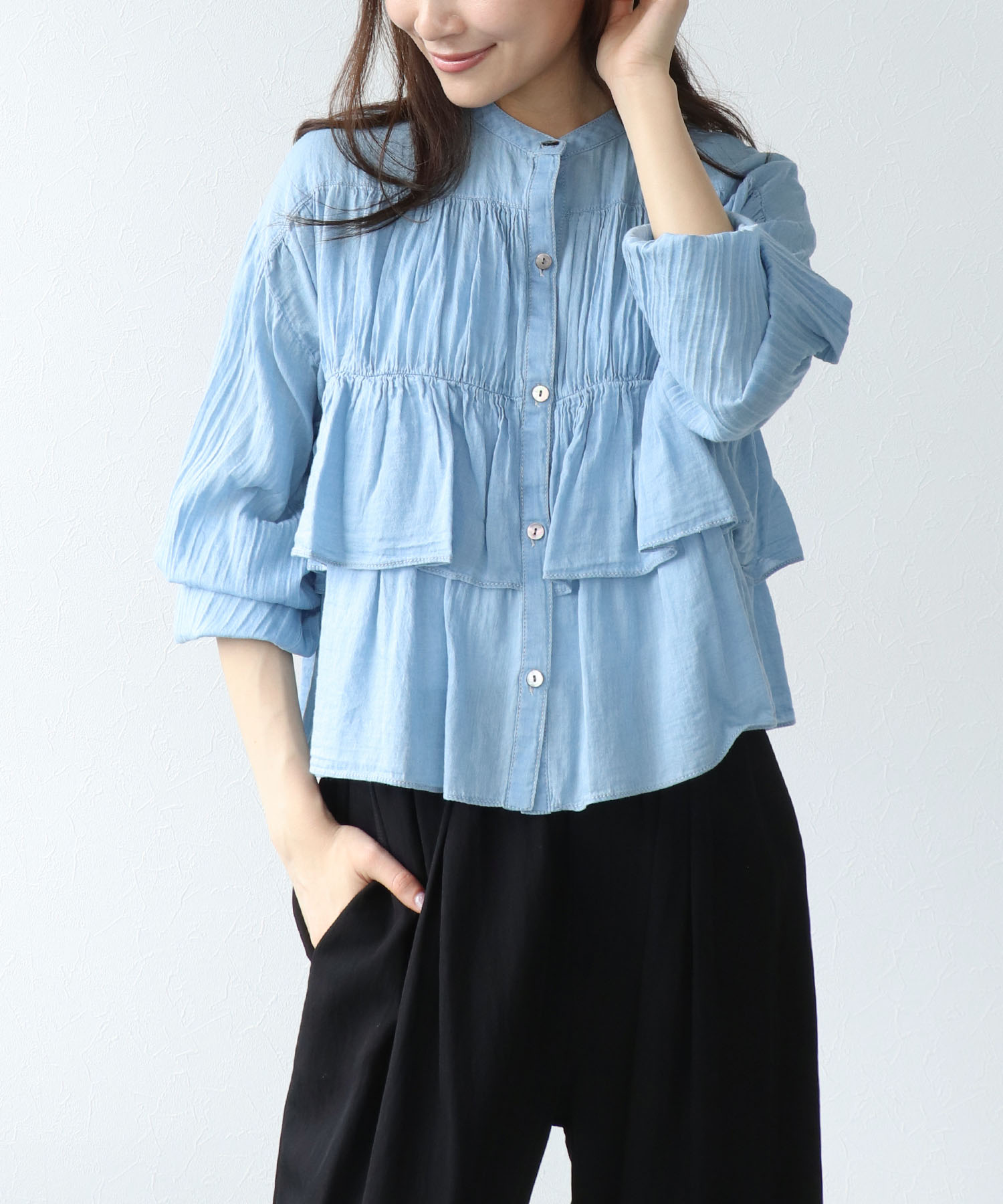 シアーデニムティアードブラウス