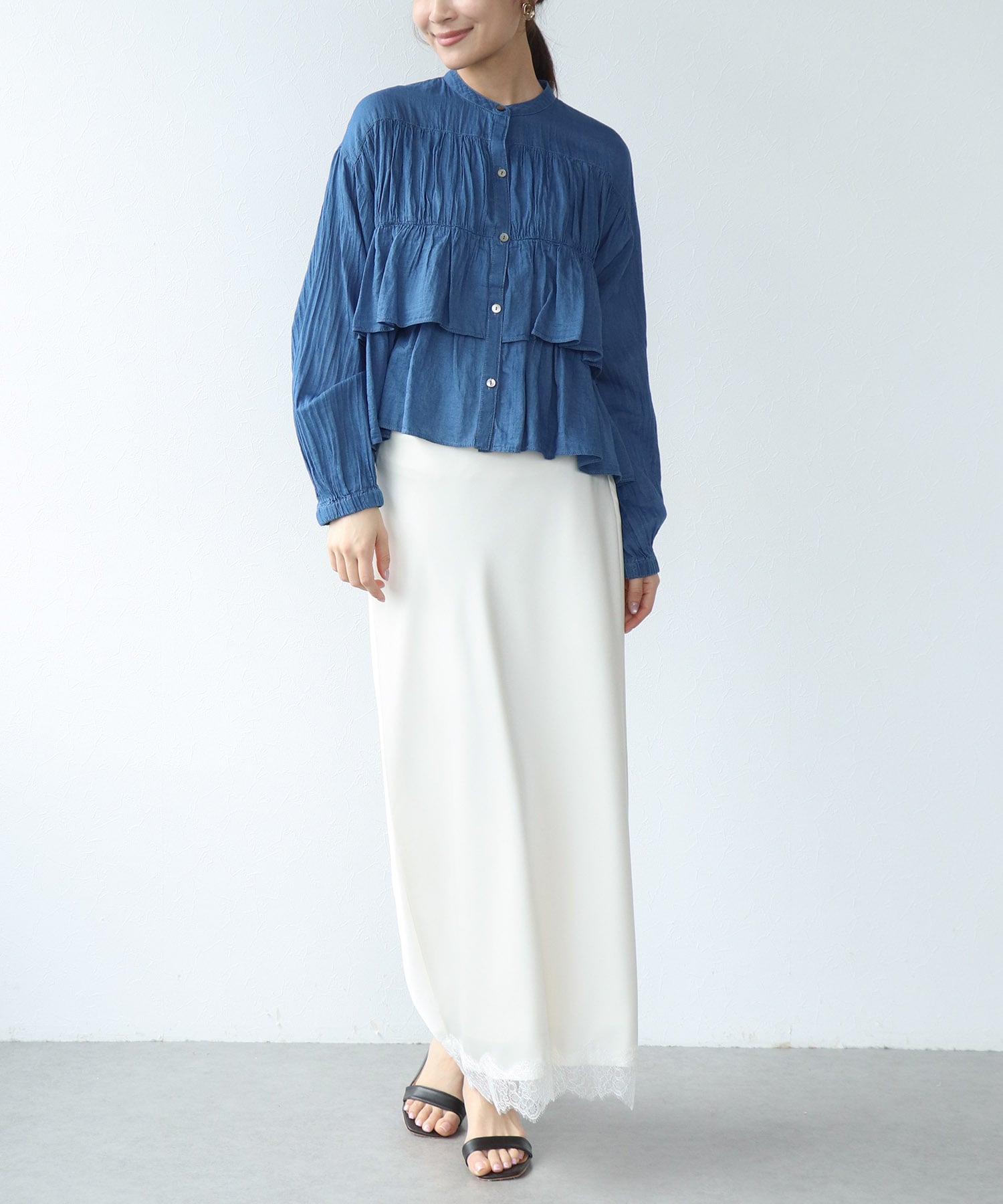 シアーデニムティアードブラウス