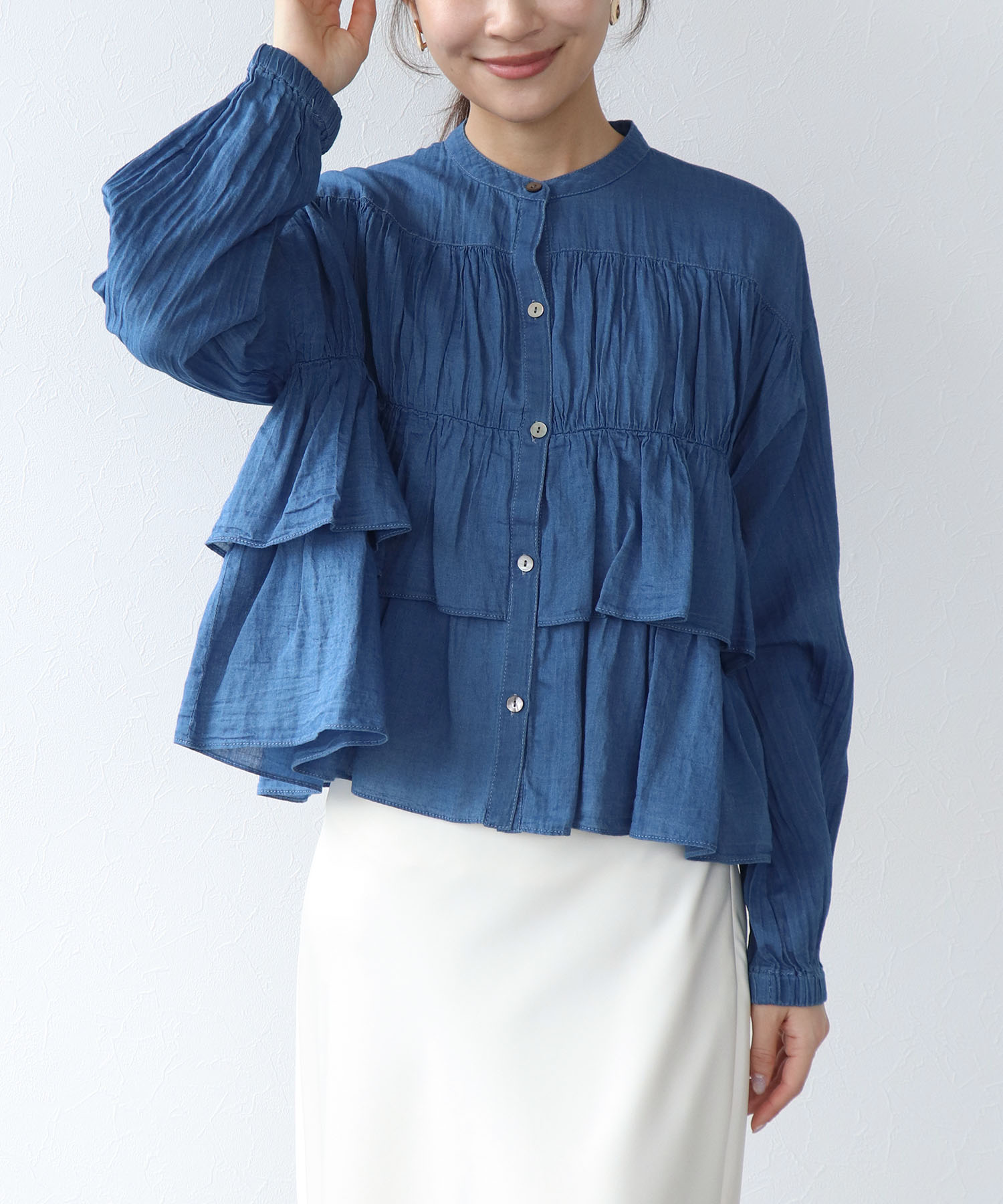 シアーデニムティアードブラウス