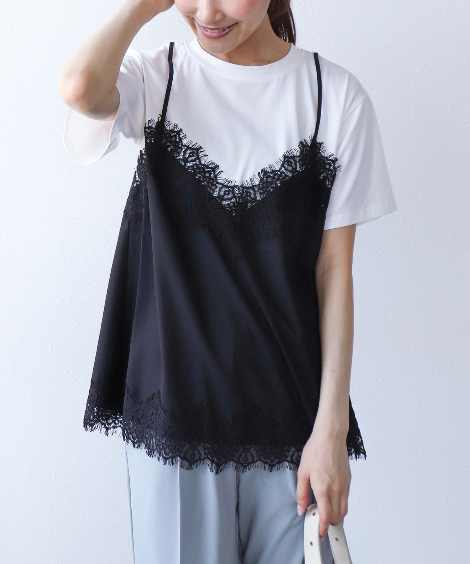 レースキャミ付Tシャツ