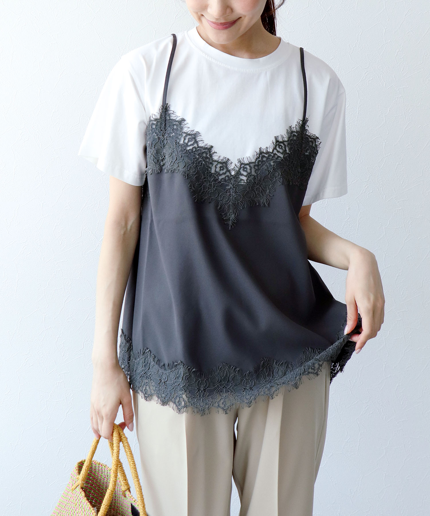 レースキャミ付Tシャツ