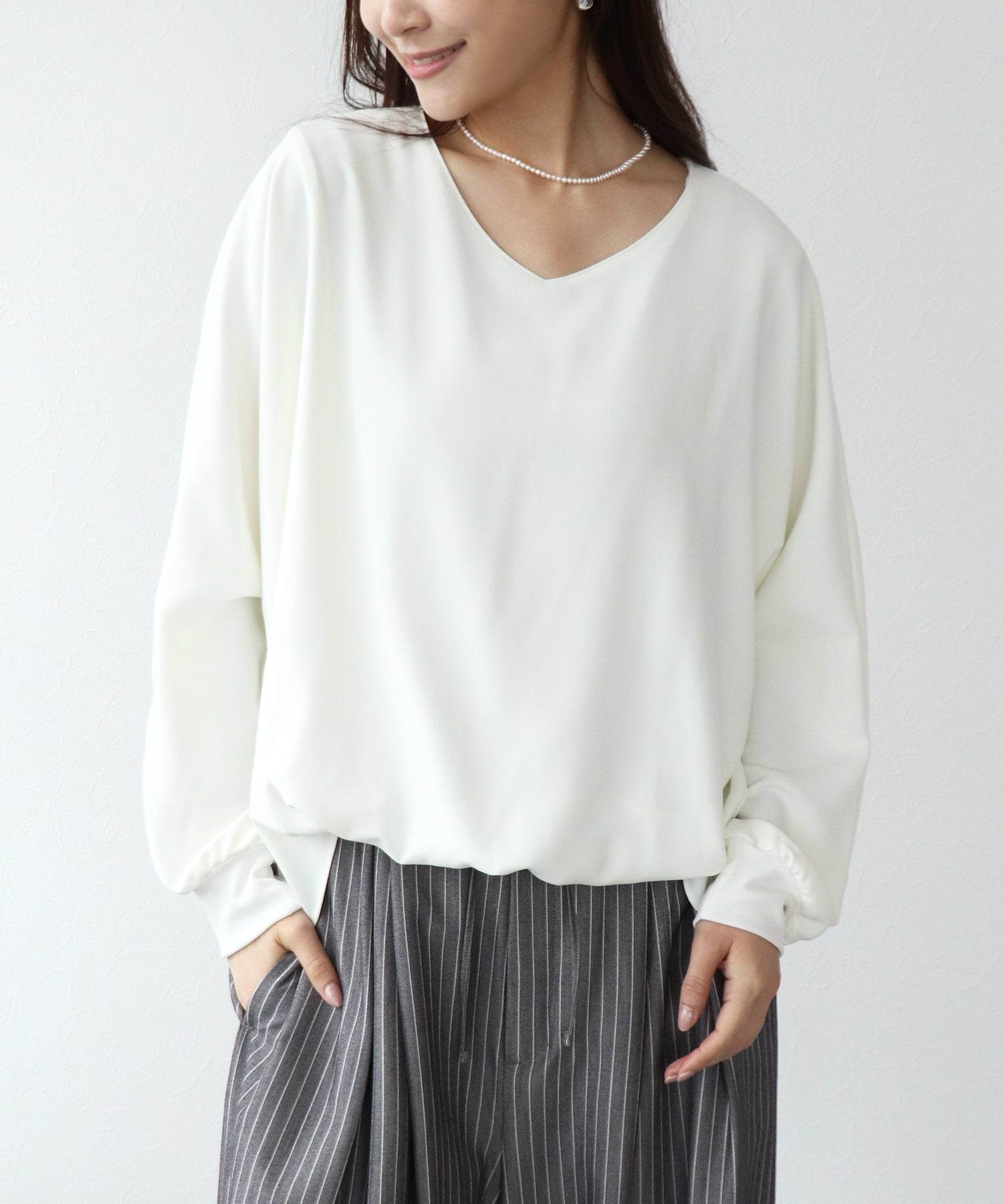 《新色追加》ブラウジング袖リブブラウス