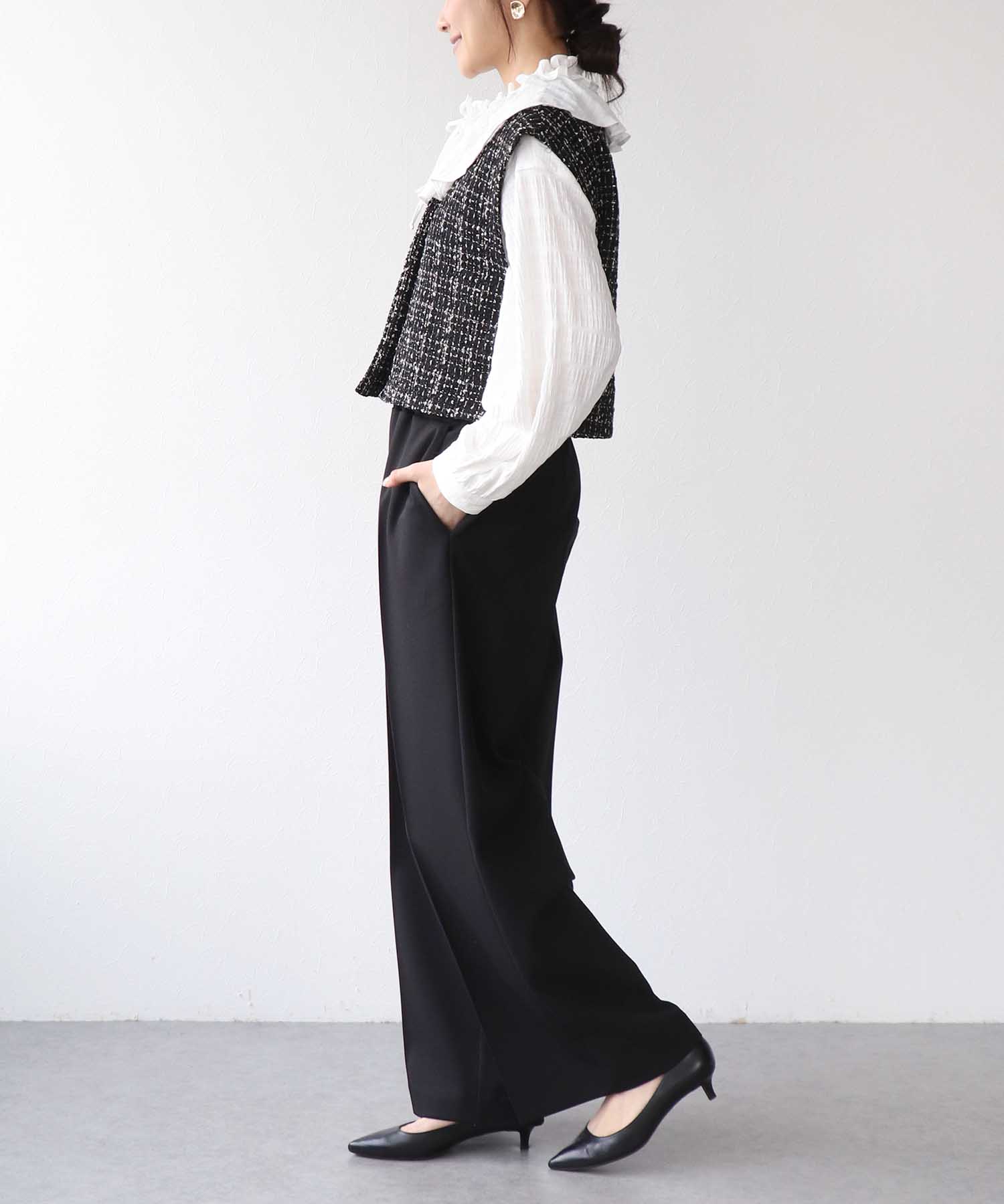 ノーカラーツイードショートベスト