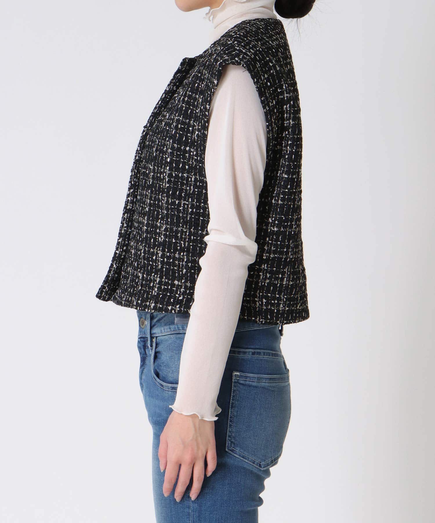 ノーカラーツイードショートベスト