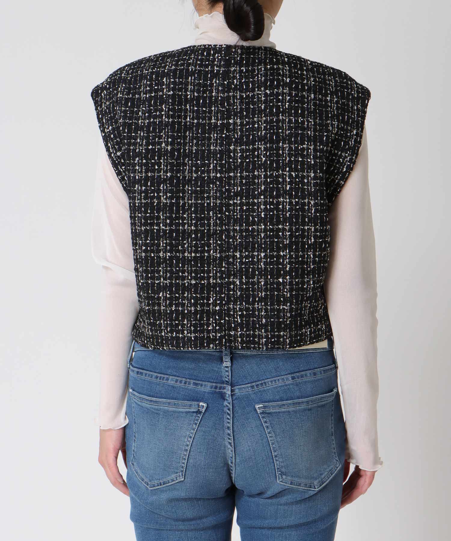 ノーカラーツイードショートベスト