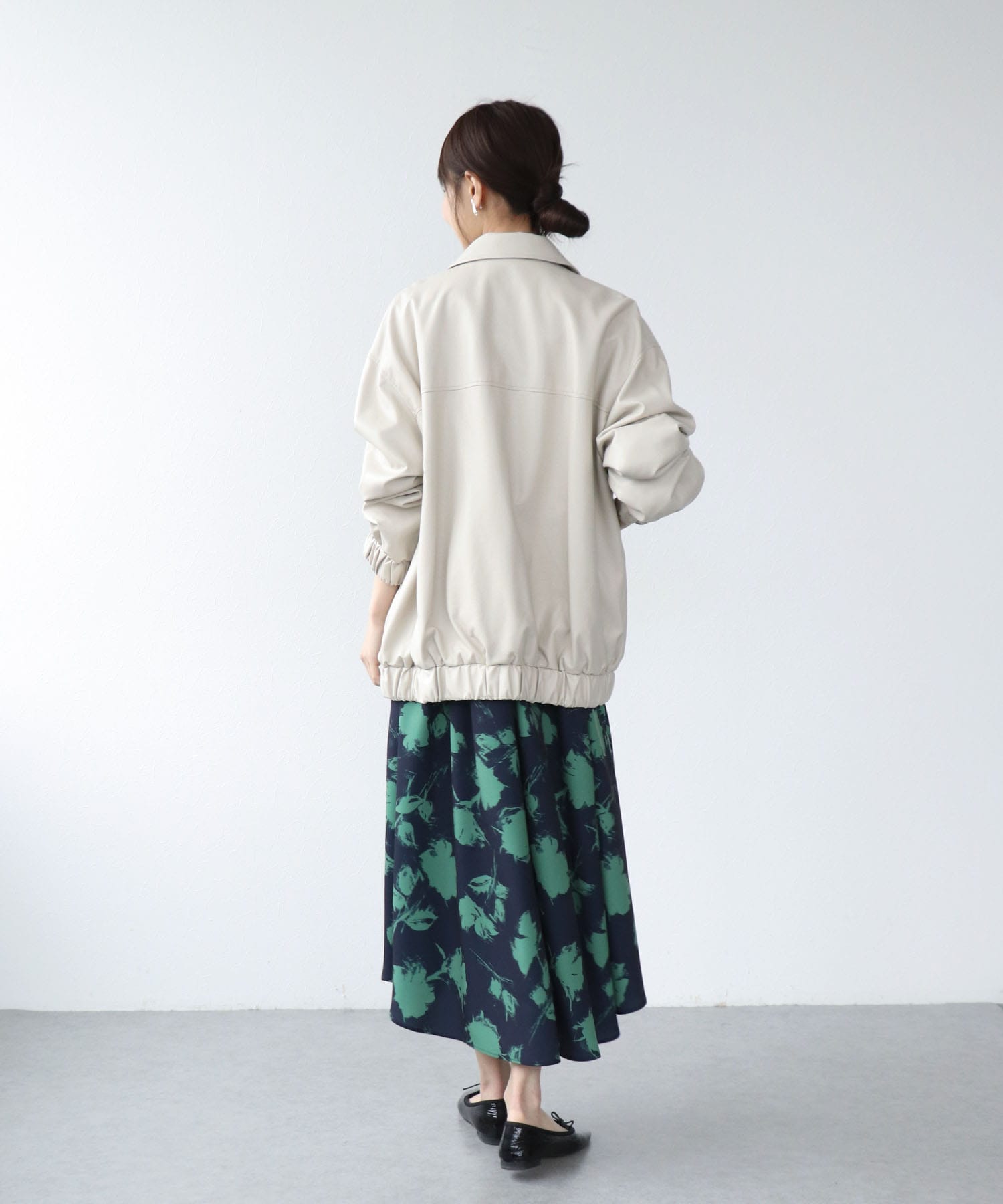 単色プリント長袖ワンピース