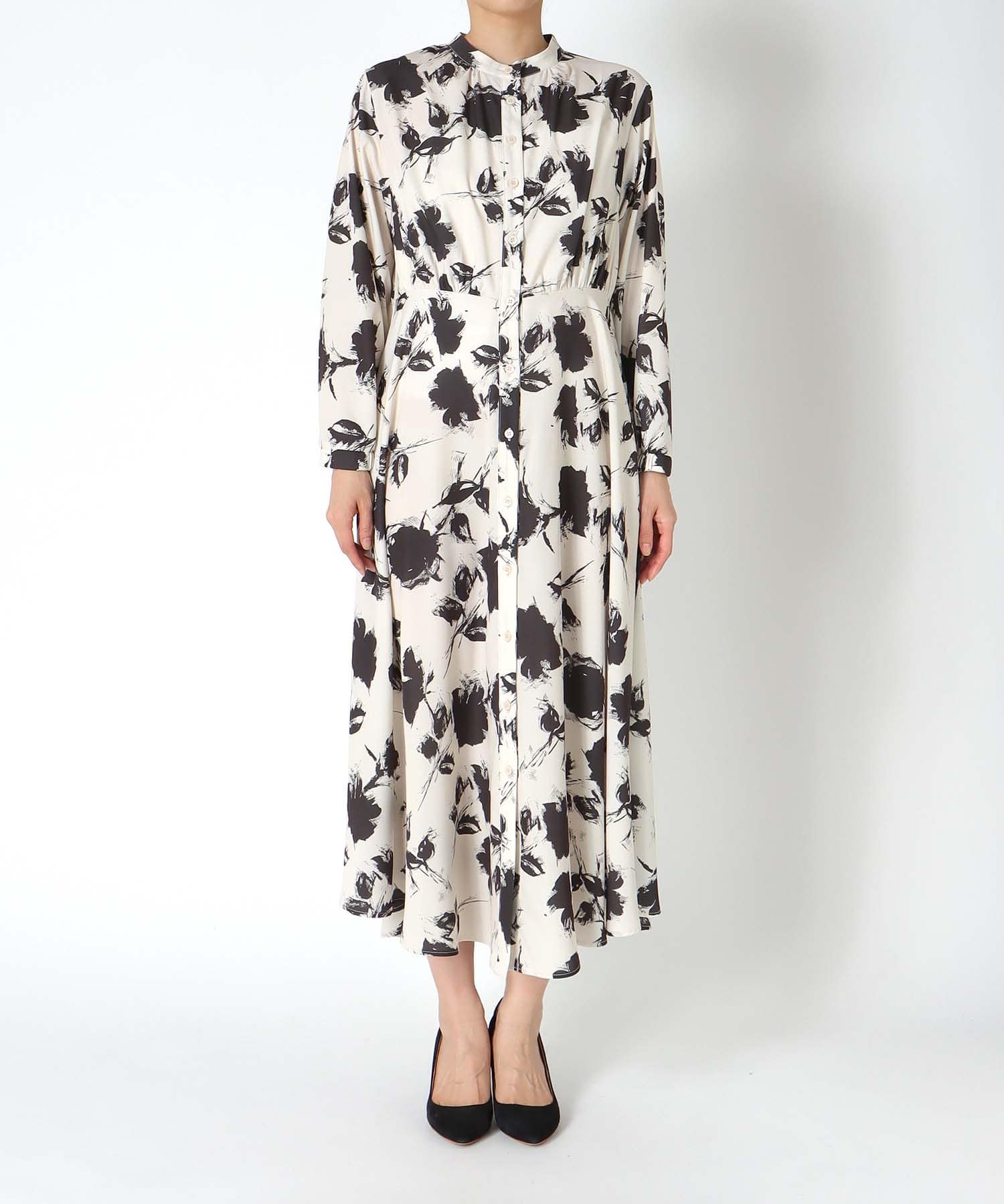 単色プリント長袖ワンピース