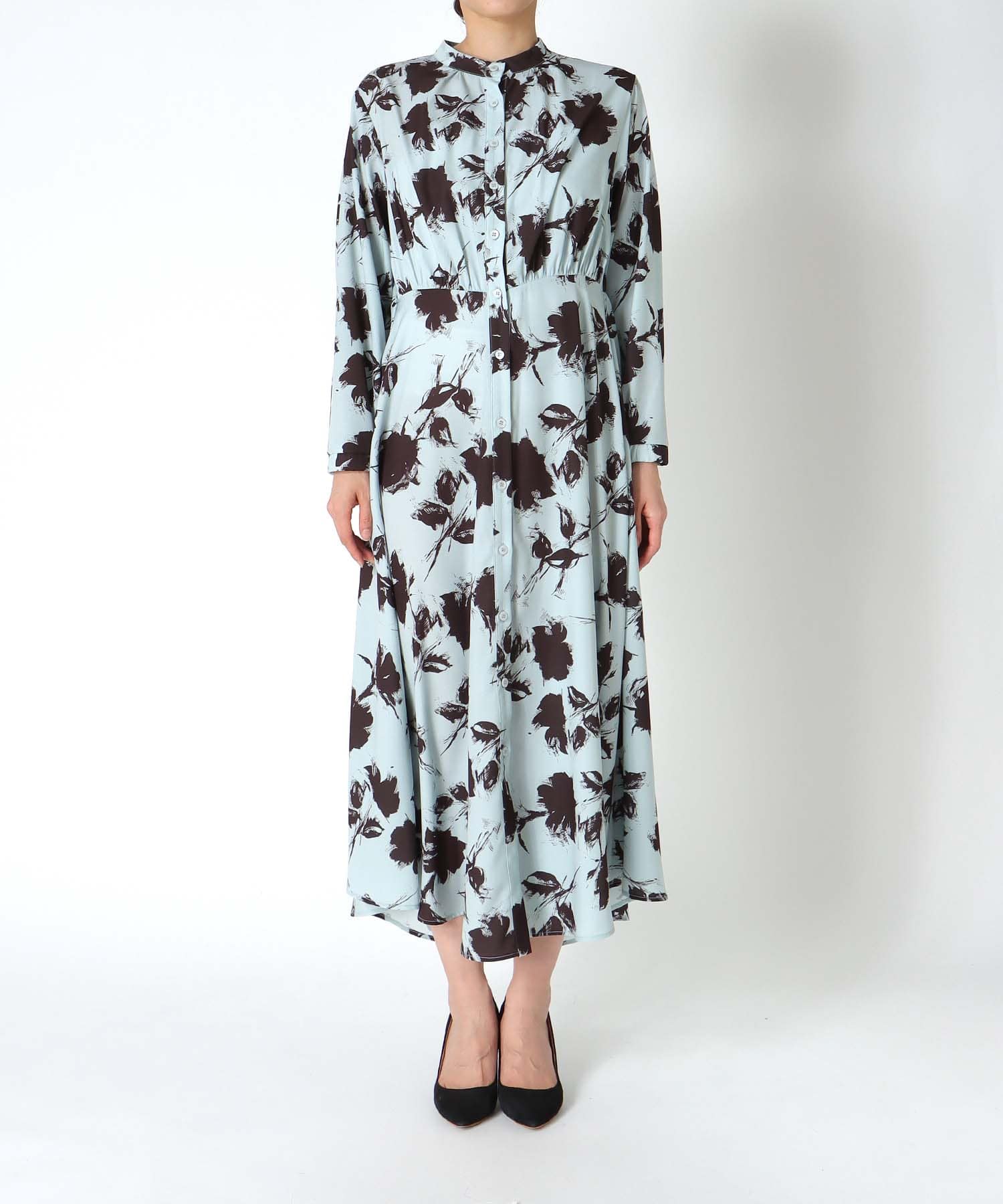 単色プリント長袖ワンピース