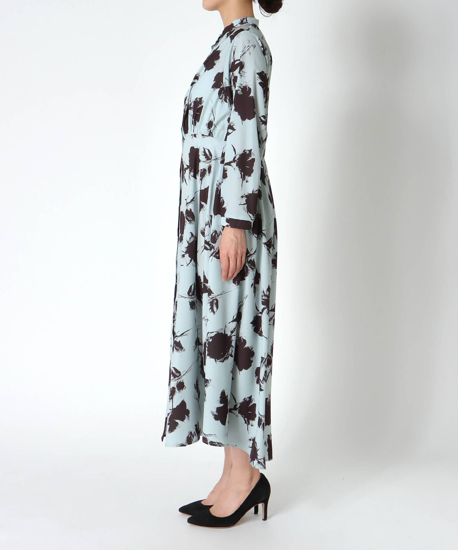 単色プリント長袖ワンピース