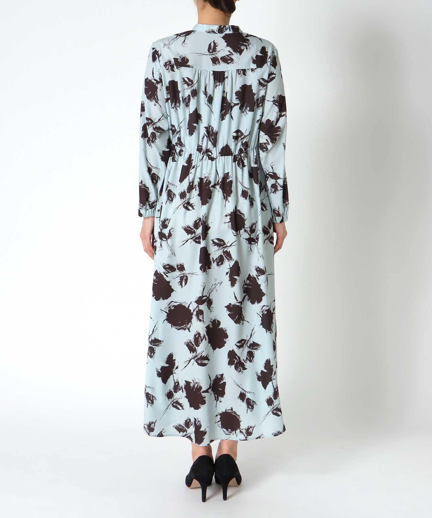 単色プリント長袖ワンピース