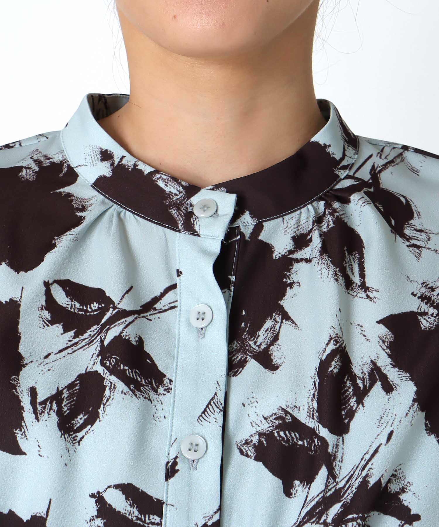 単色プリント長袖ワンピース