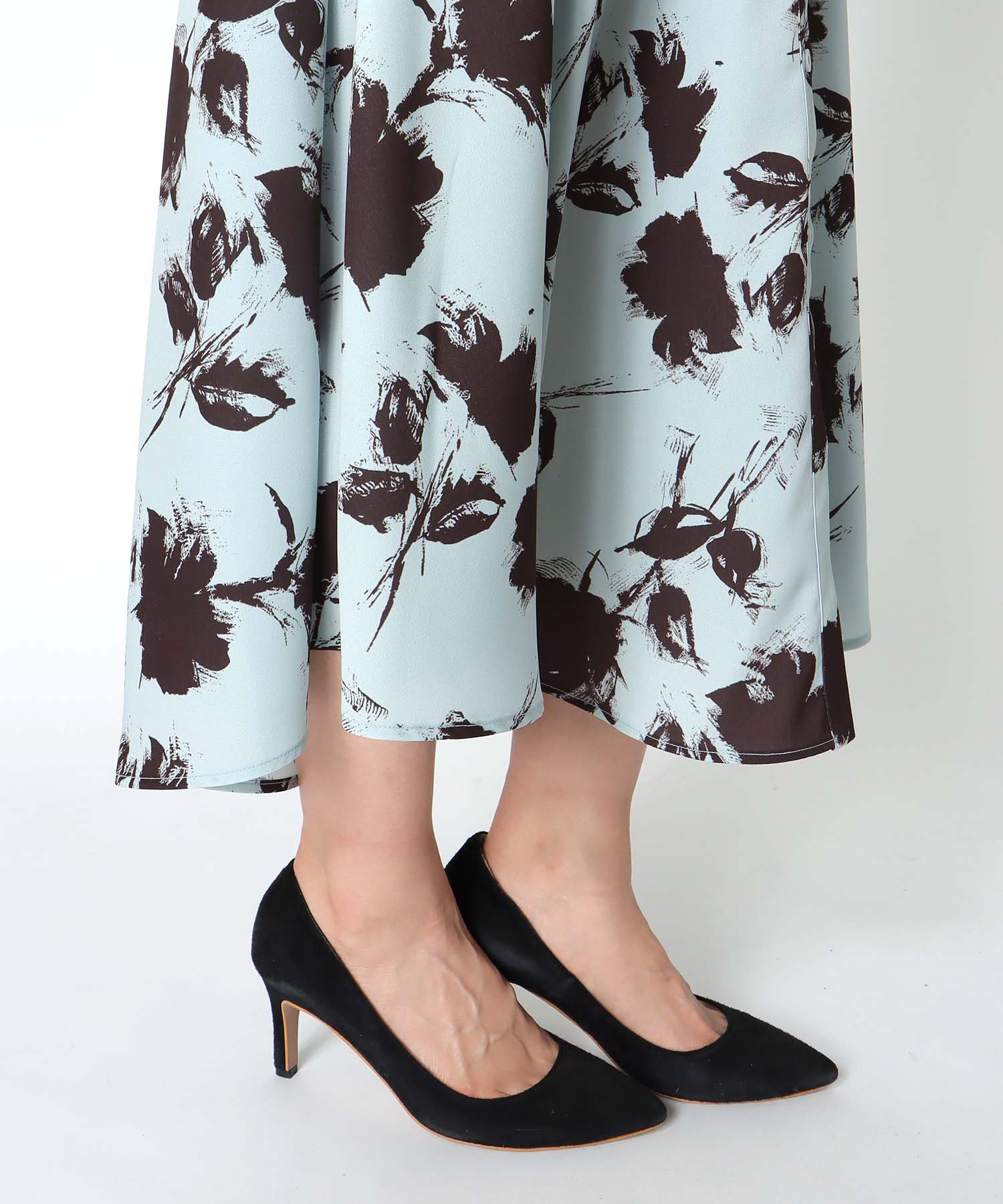 単色プリント長袖ワンピース