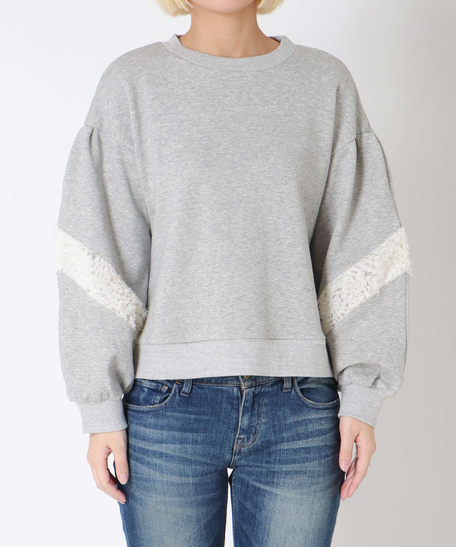 テープ刺繍ドッキング裏毛トップス