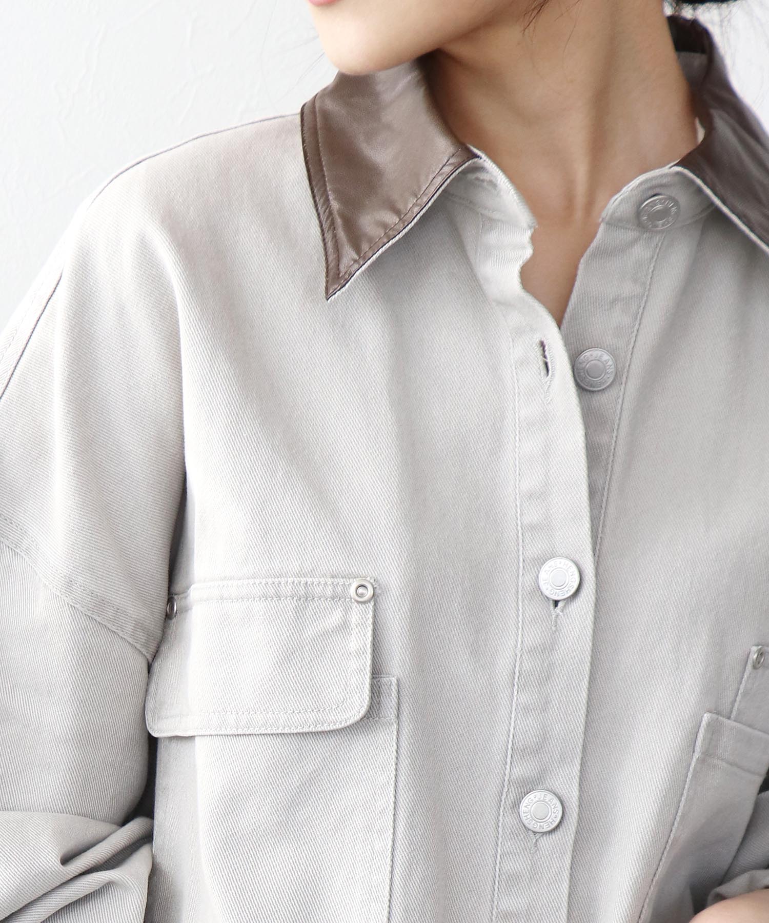 フェイクレザー衿シャツジャケット