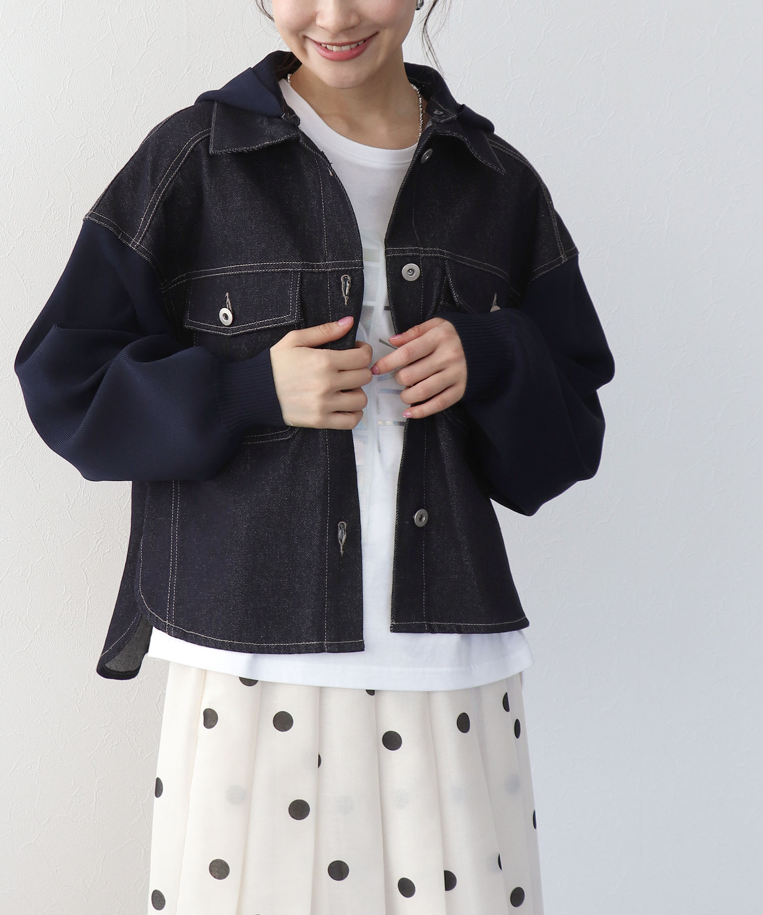 ニットドッキングデニムフードジャケット