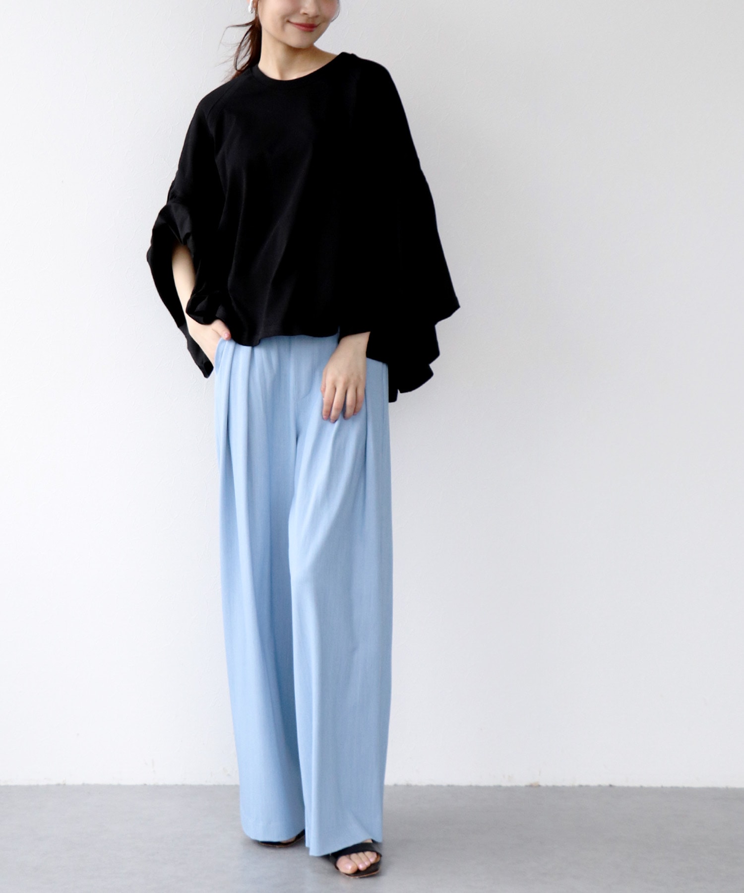 〔お家で試着〕リブ切替ギャザースリーブトップス