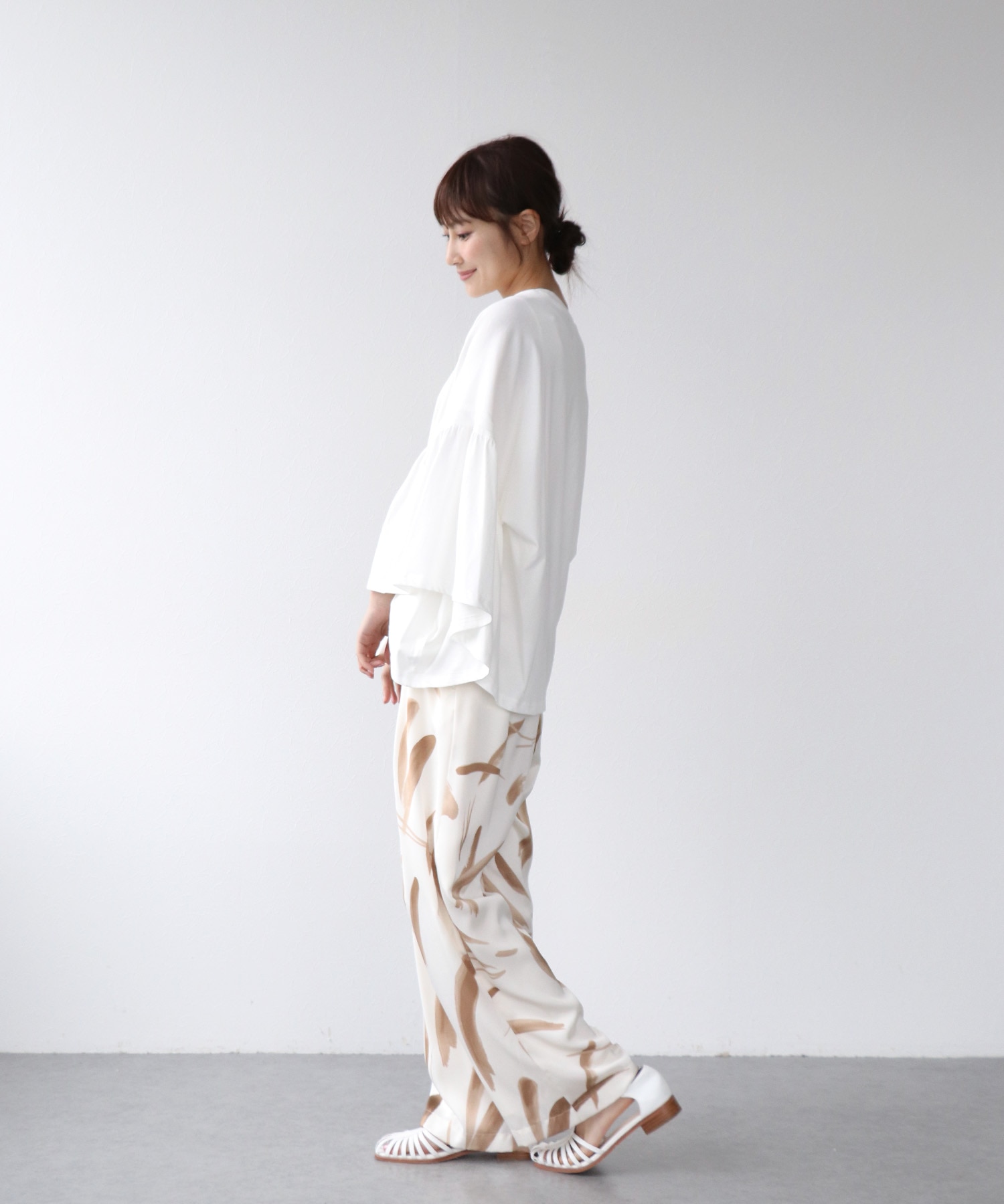 〔お家で試着〕リブ切替ギャザースリーブトップス