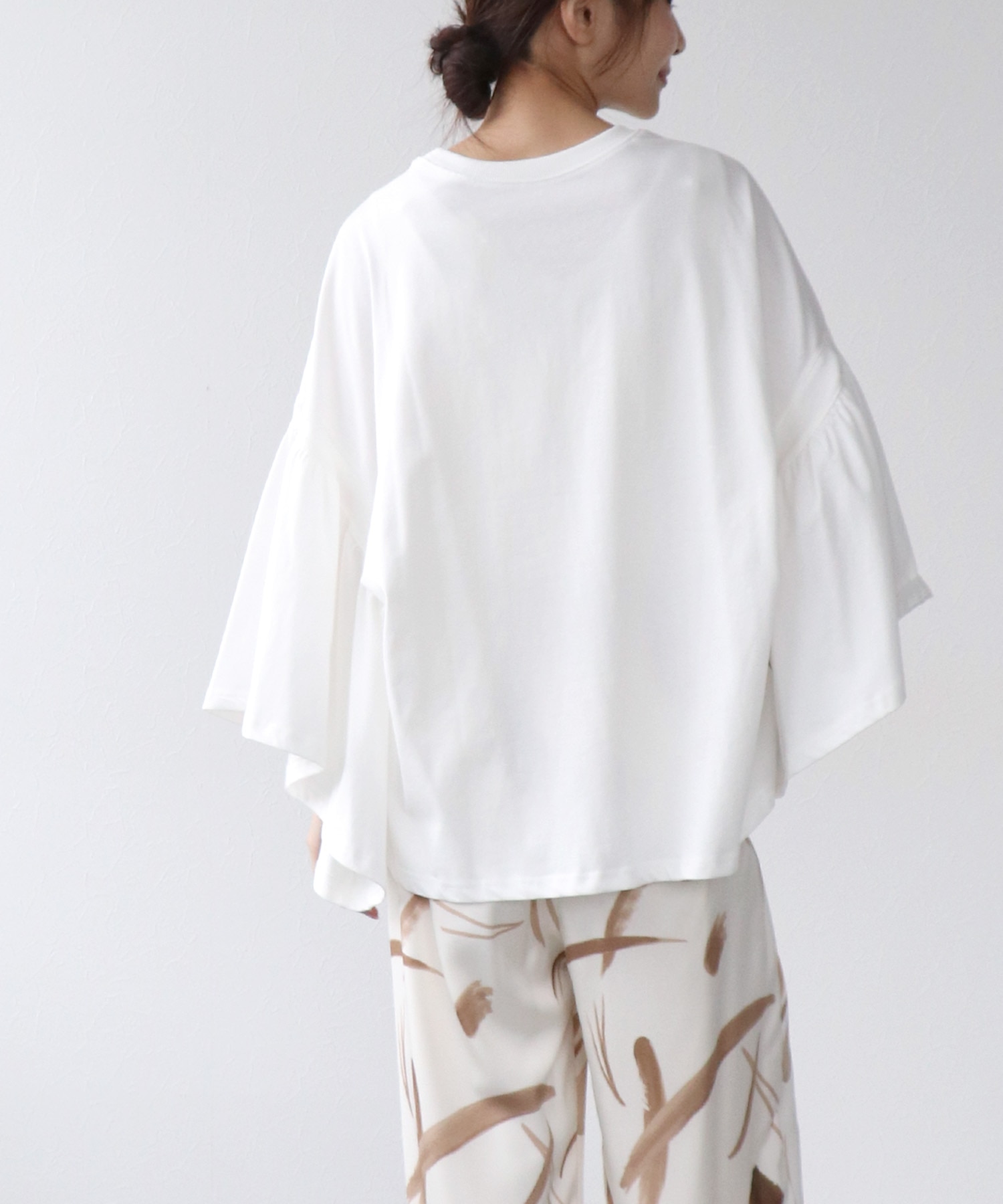 〔お家で試着〕リブ切替ギャザースリーブトップス