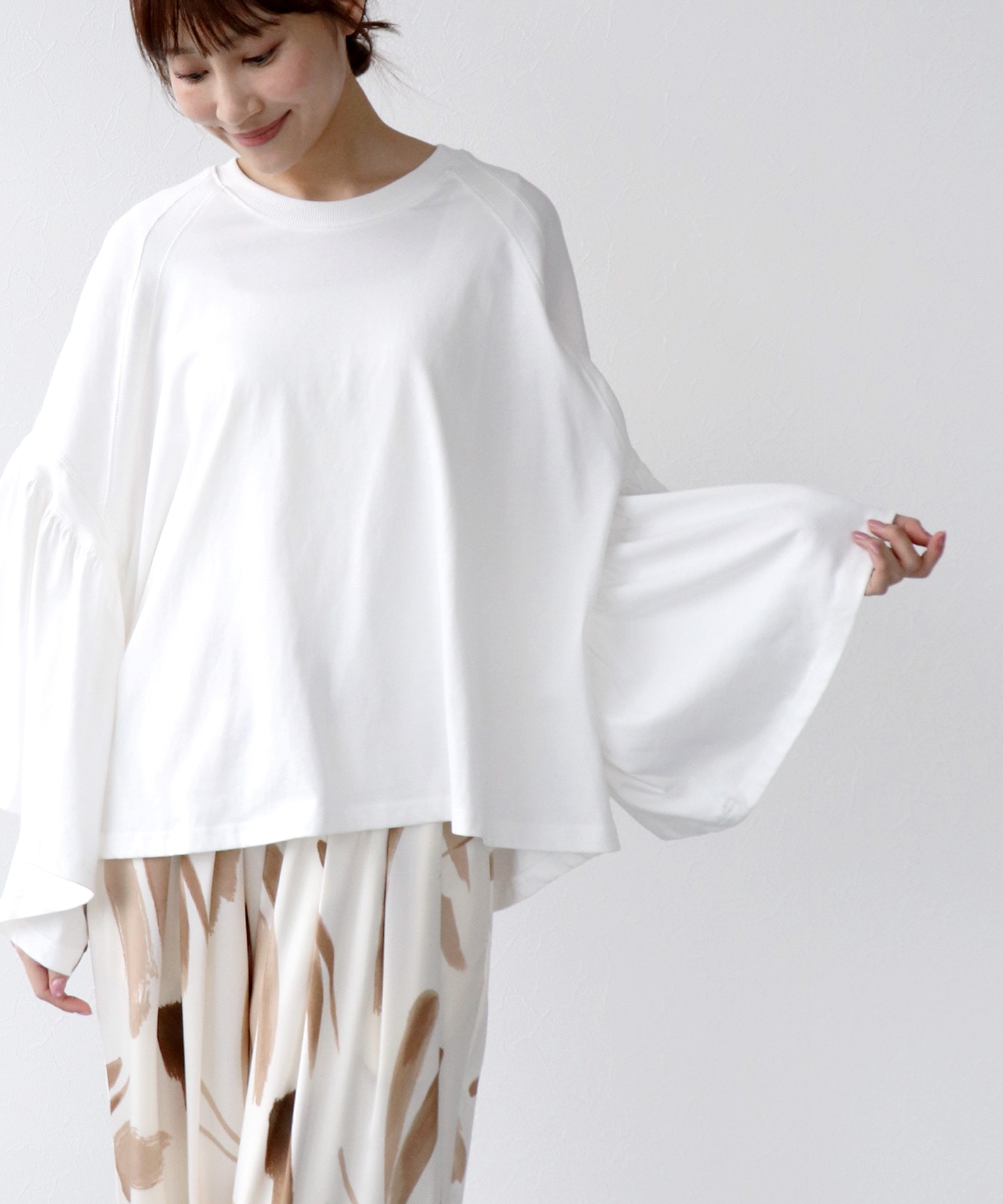 〔お家で試着〕リブ切替ギャザースリーブトップス